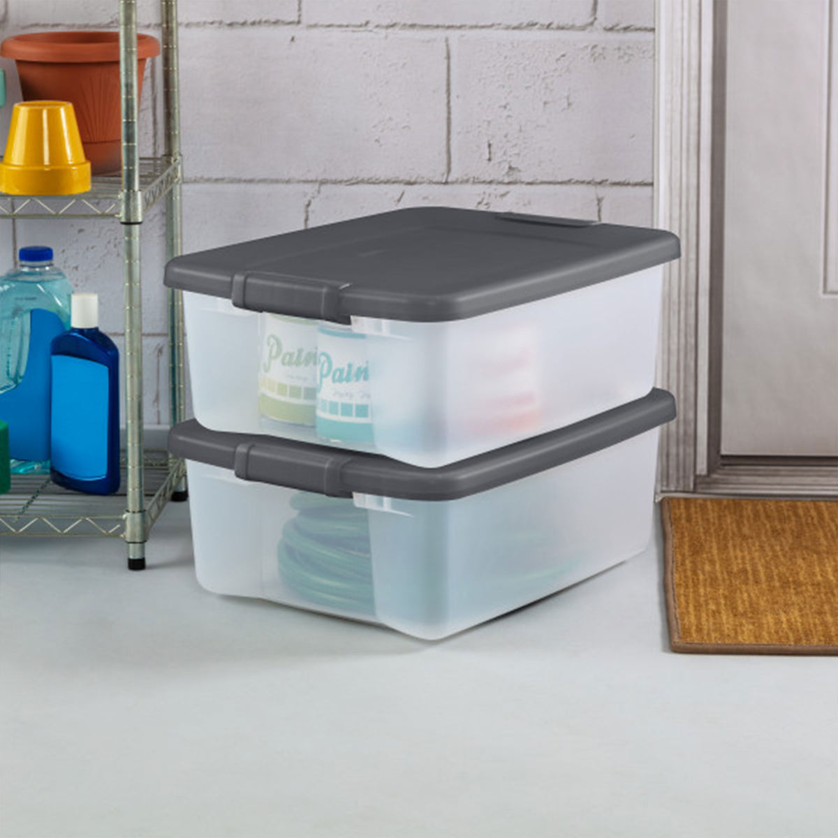Sterilite 19368606 25 Qt. Shelf Tote Driftwood Lid Clear Base DONT USE