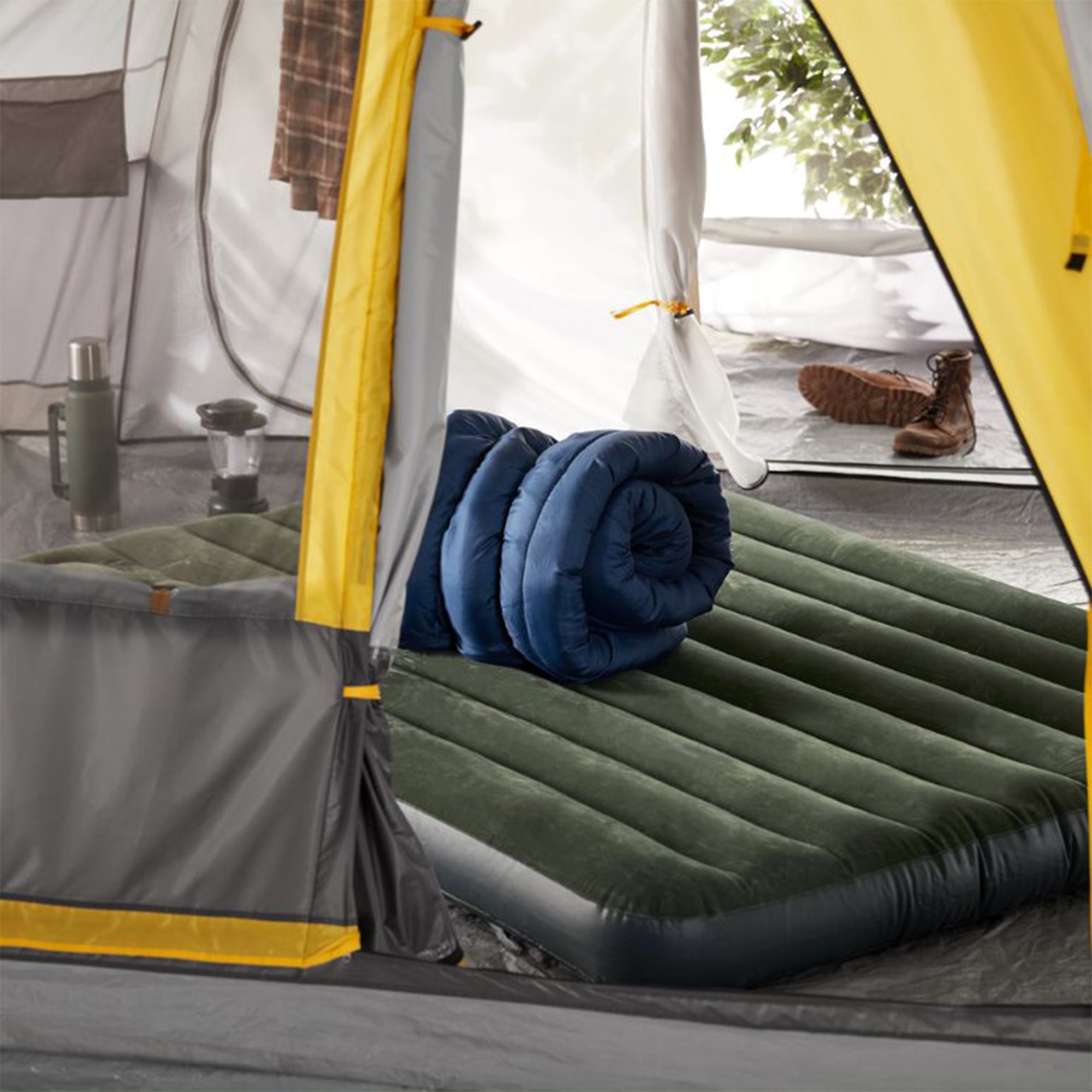 Intex 66929E Inflatable Downy Queen Air Bed Camping Mattress w/ Foot Pump, Green