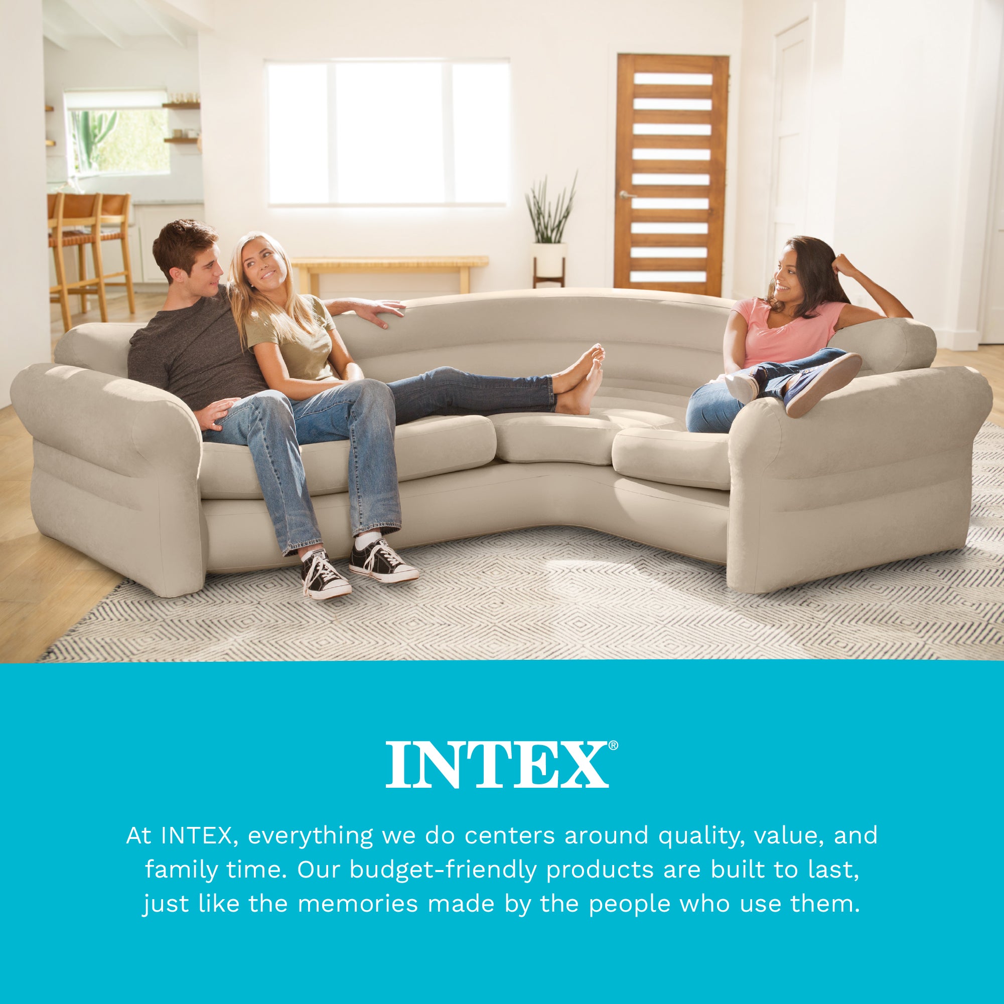 Intex Inflatable Corner Living Room Air Mattress Sectional Sofa Couch, Beige