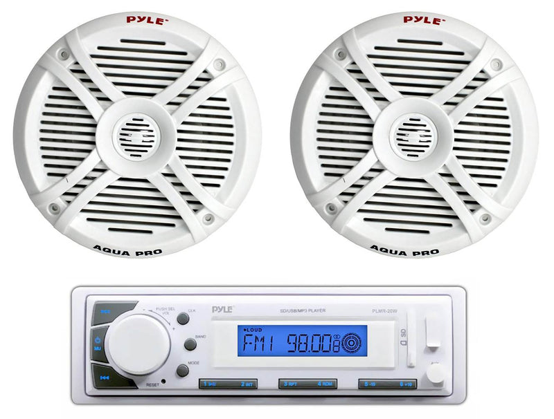 2) Pyle PLMRX67 6.5" 250W 2-Way Marine Speakers + PLMR20W In-Dash MP3 Receiver