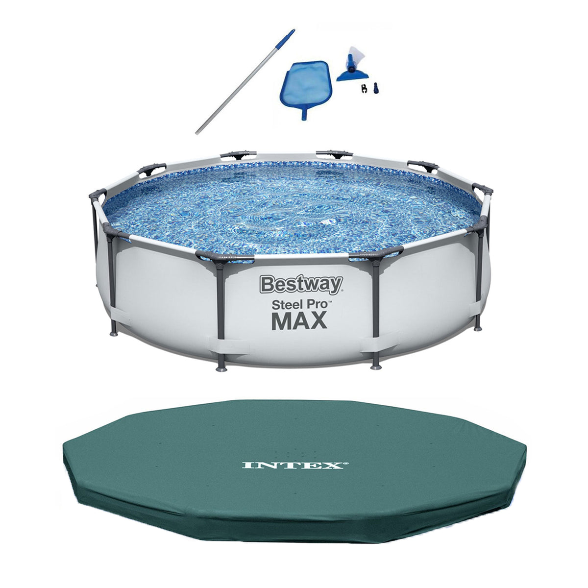 Bestway 10' x 30" Steel Pro Above Ground Pool Bundle w/ Cleaning Kit & Cover