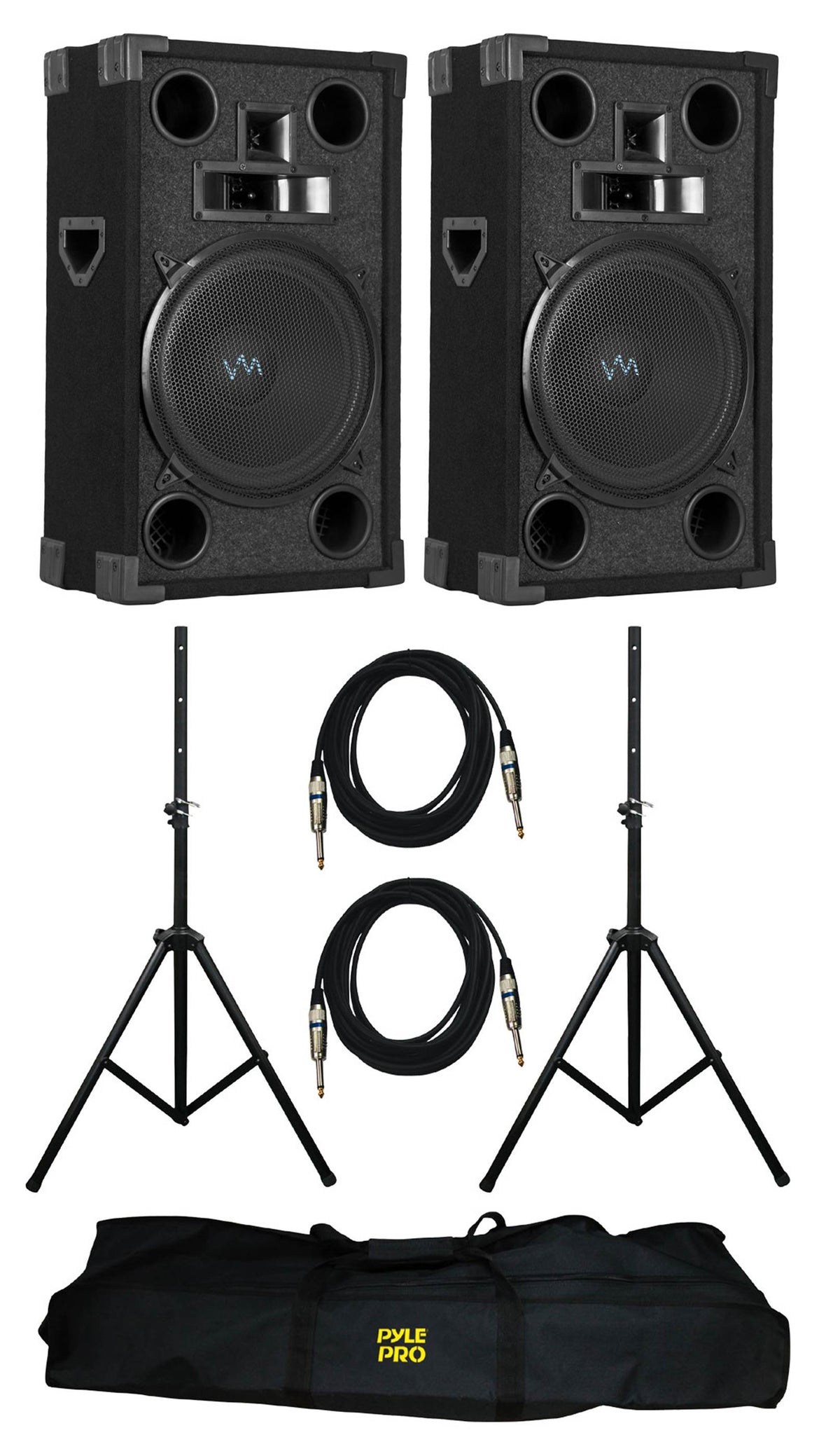 2) VM Audio VAS310P 1200 W 3 Way 10" DJ Passive Loud Speakers w/Poles + Cables