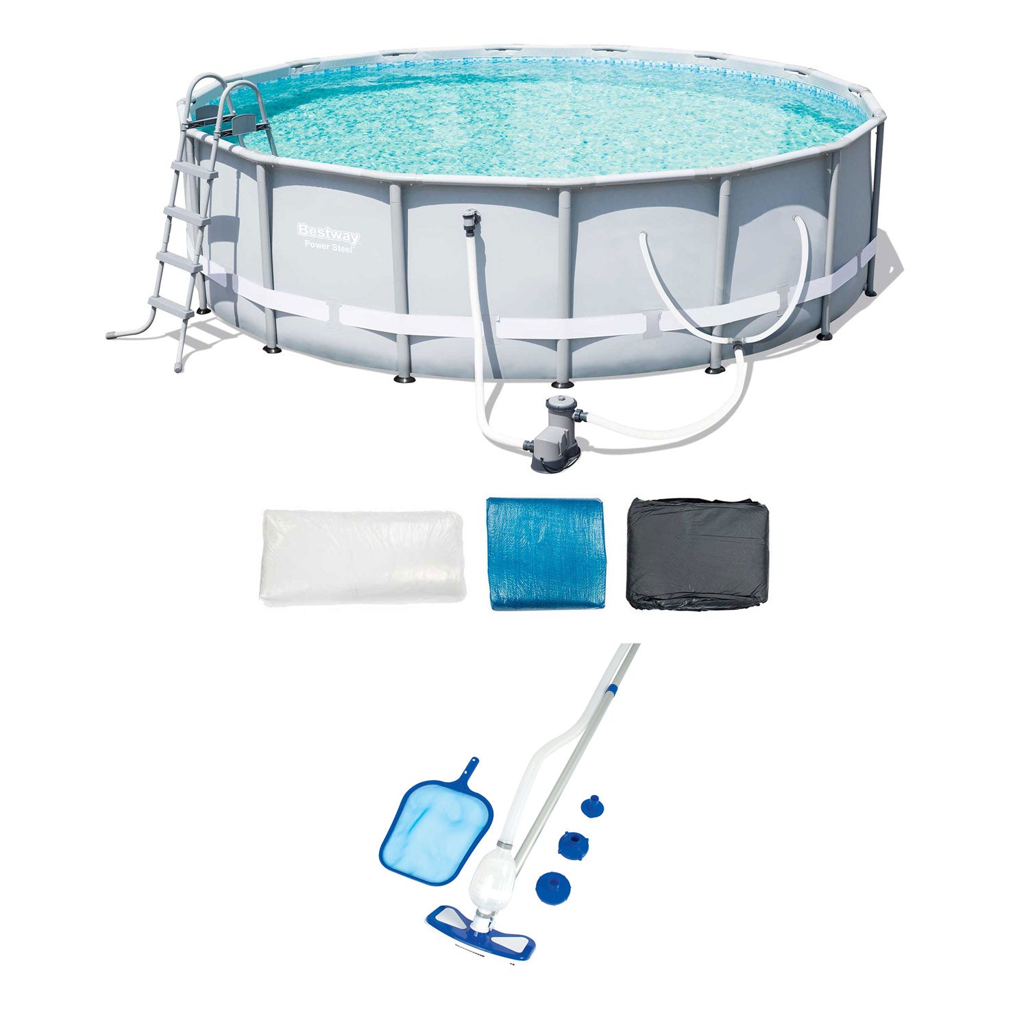 Bestway 16-Foot Steel Frame Pool Set and Cleaning & Maintenance Accessories Kit