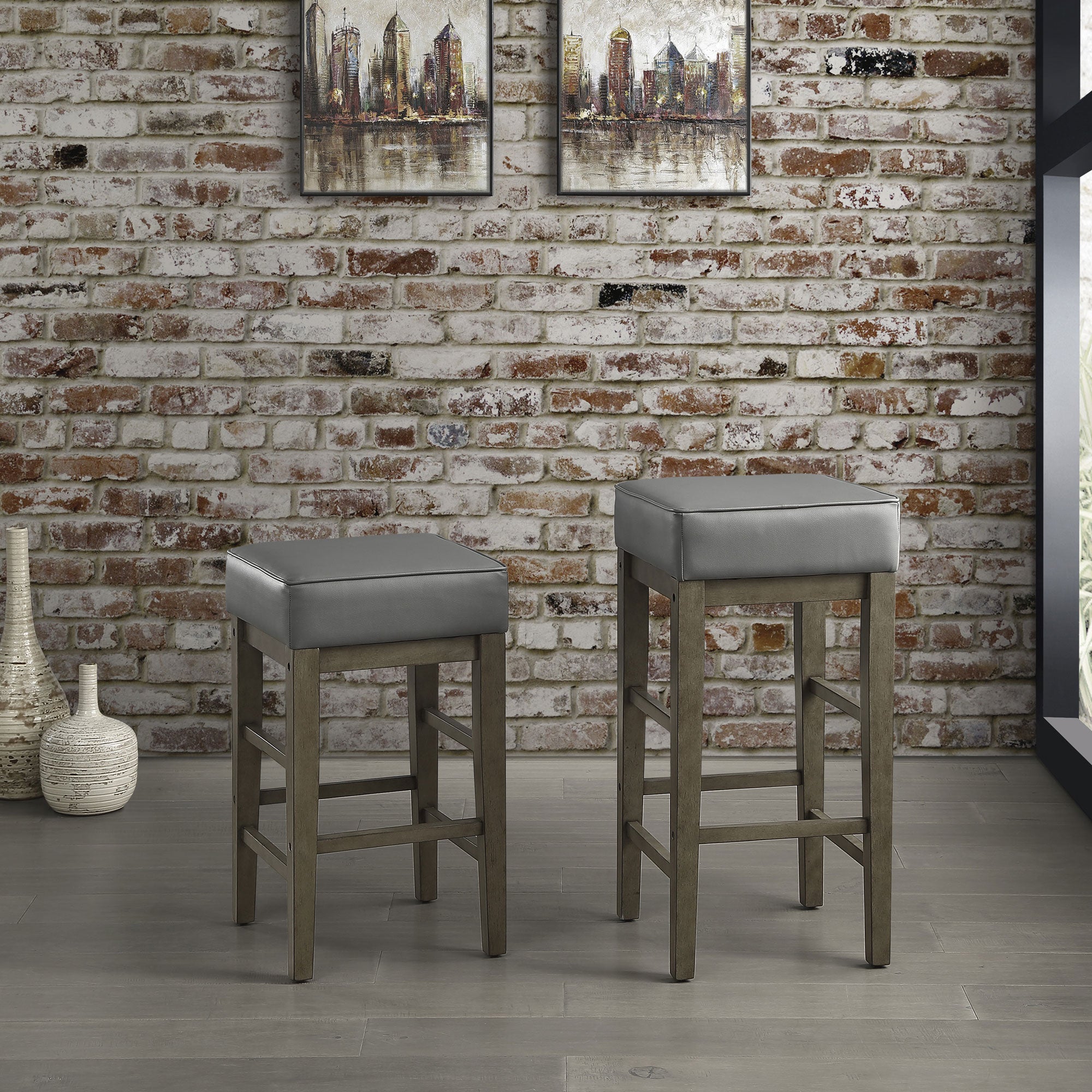 Lexicon 24 Inch Height Wooden Stool Faux Leather Seat Barstool, Gray (Open Box) - VMInnovations