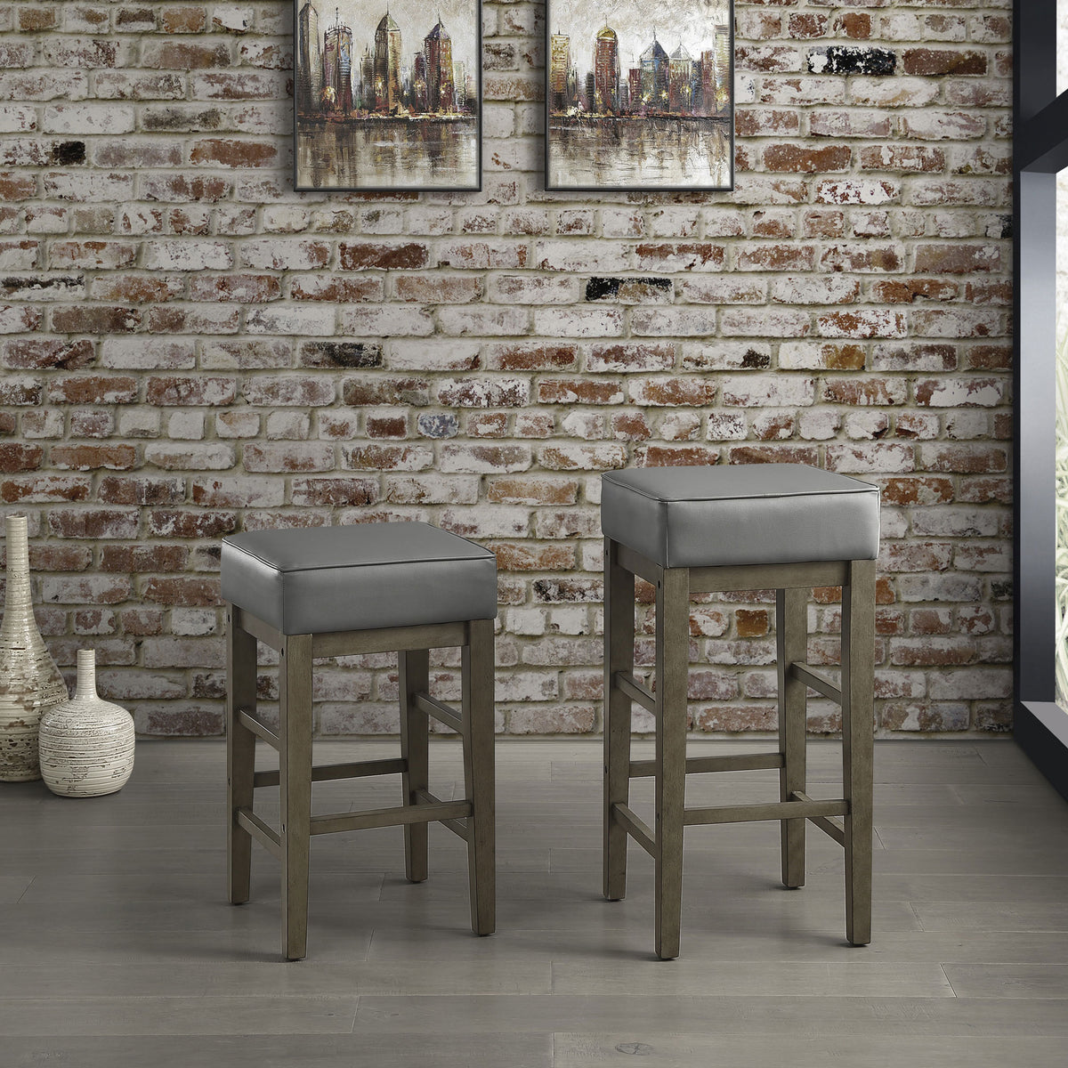 Lexicon 24 Inch Height Wooden Counter Stool Faux Leather Seat Barstool, Gray