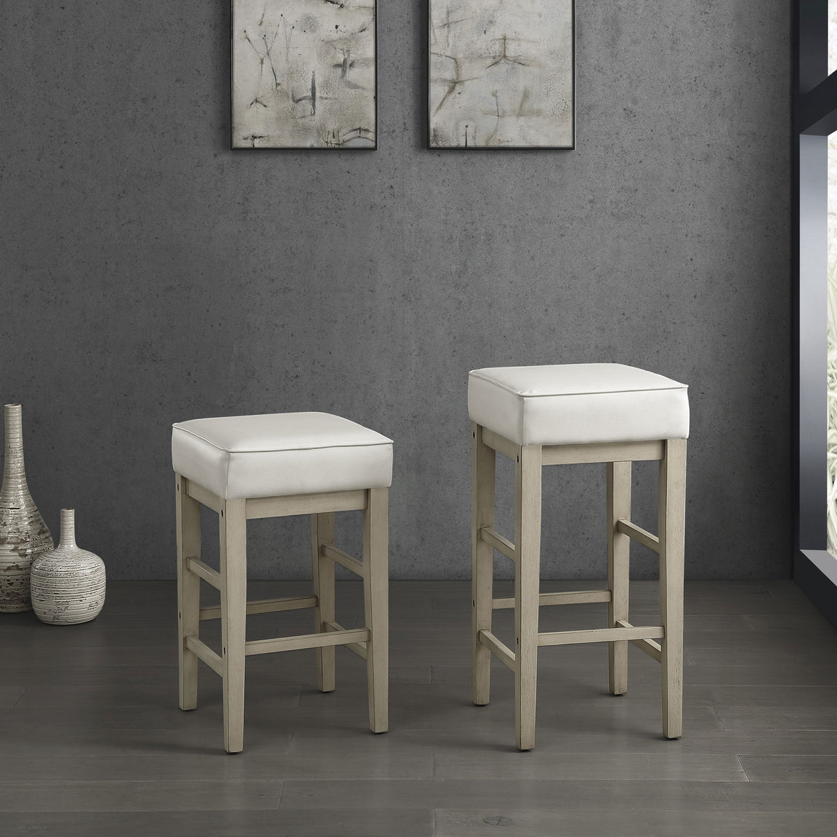 Lexicon 24" Height Wooden Counter Faux Leather Seat Barstool Set, White (4 Pack)