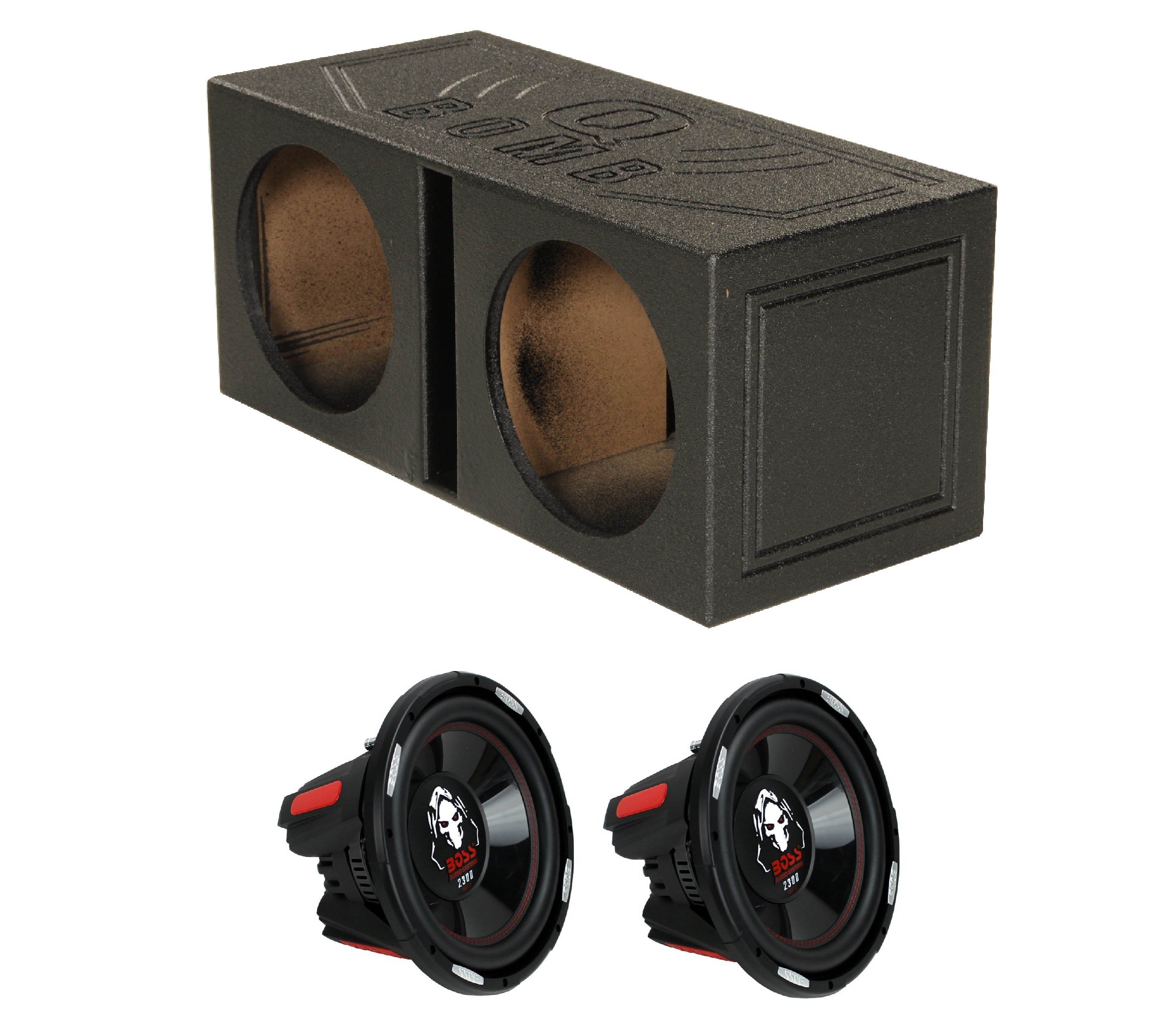 QPower Dual 12 inch Vented Sub Box and Boss Phantom 12” 2300W Subwoofer (2 Pack)