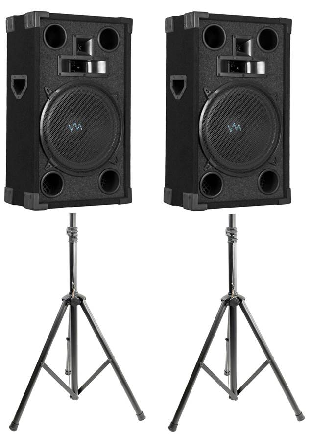2) VM Audio VAS312P 1800 Watt 3 Way 12" DJ Passive Loud Speakers + Tripod Stands