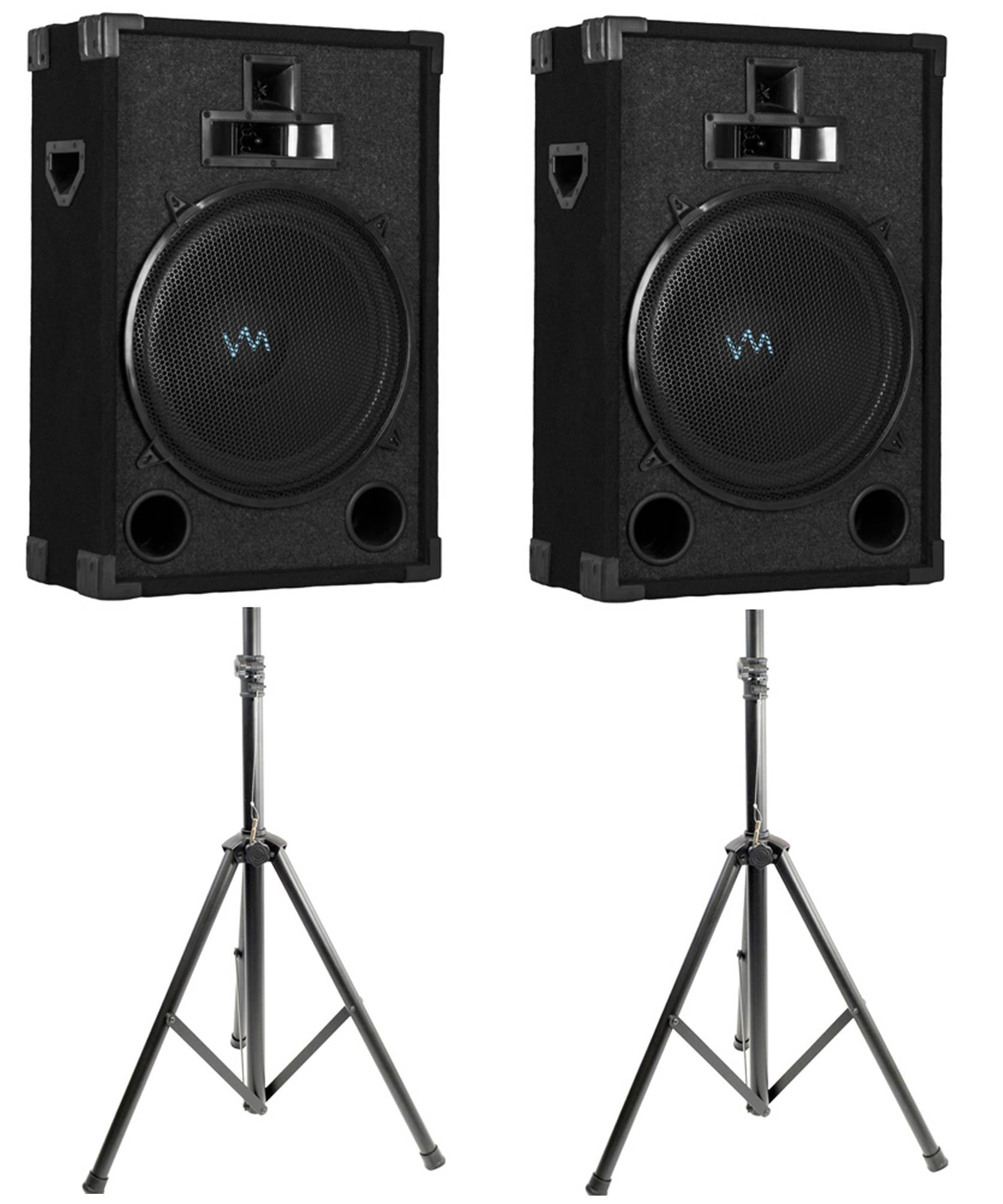 2) VM Audio VAS315P 1200 Watt 3 Way 15" DJ Passive Loud Speaker + Tripod Stands