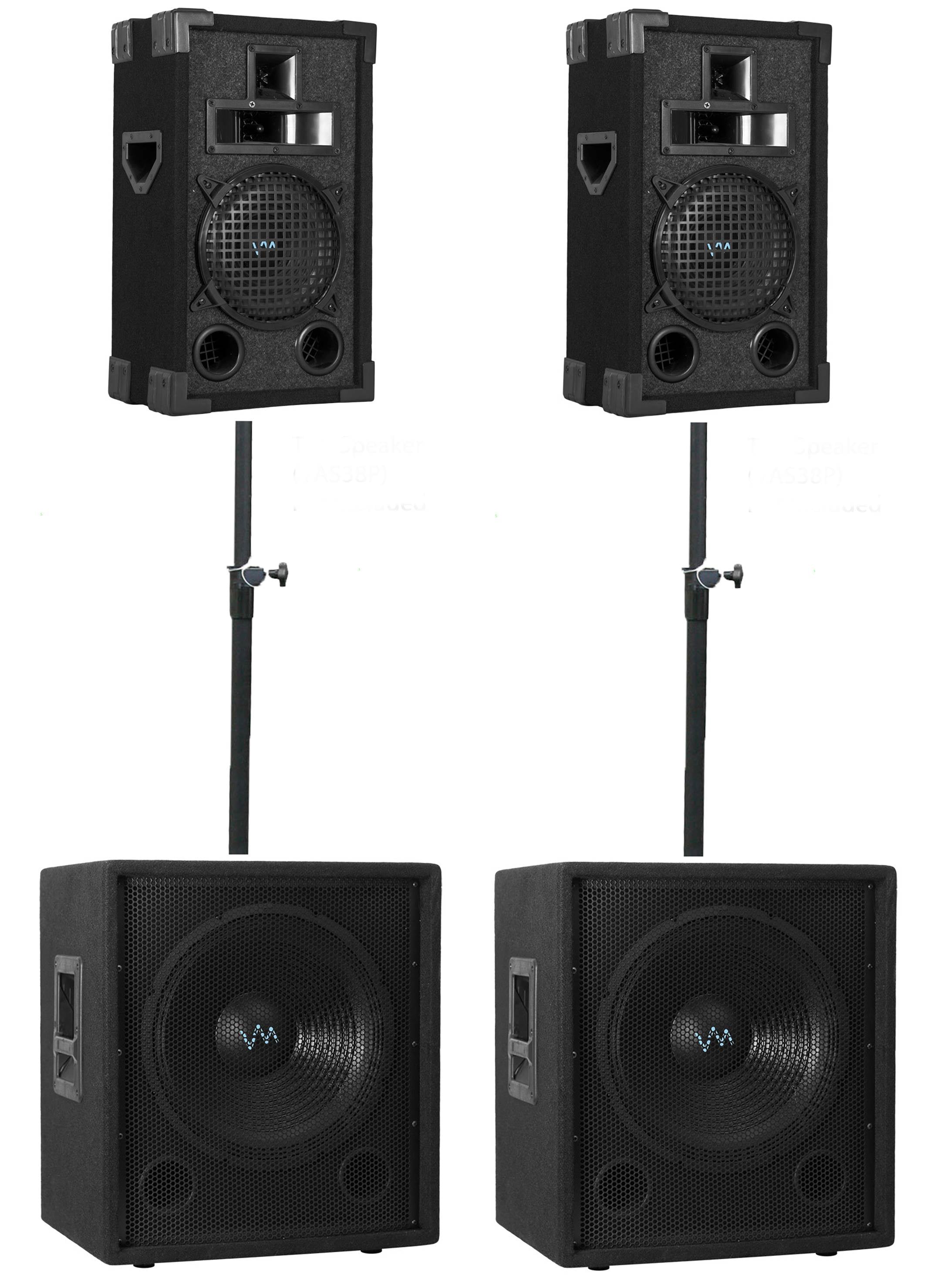 2) VM Audio VAS15SUB 15" 1500W Subs + 2) VAS310P 10" DJ Speakers + 2) Poles