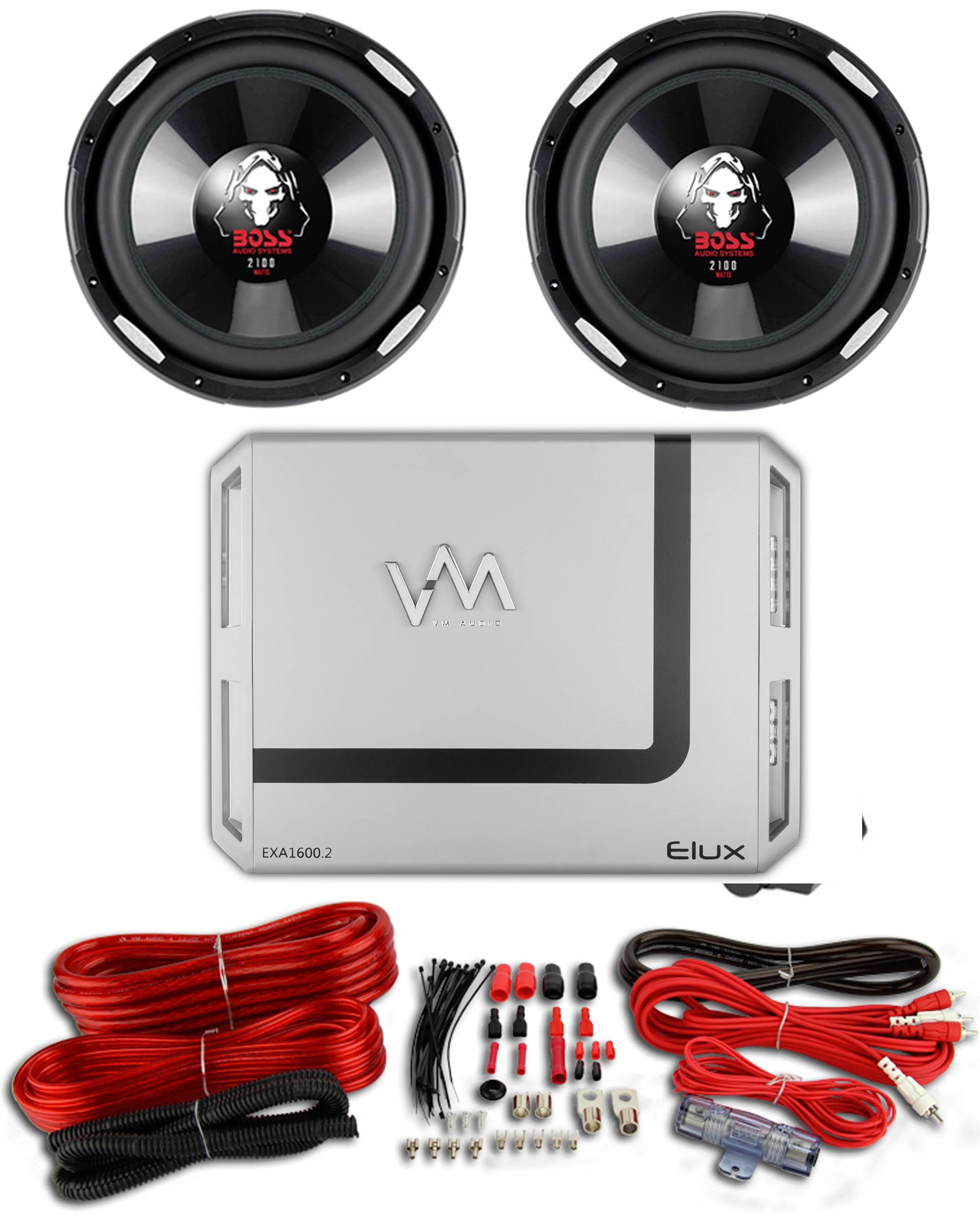 2 BOSS P106DVC 10" 4200W Car Subwoofers Subs + 2000W Mono Amp + 4 Gauge Amp Kit