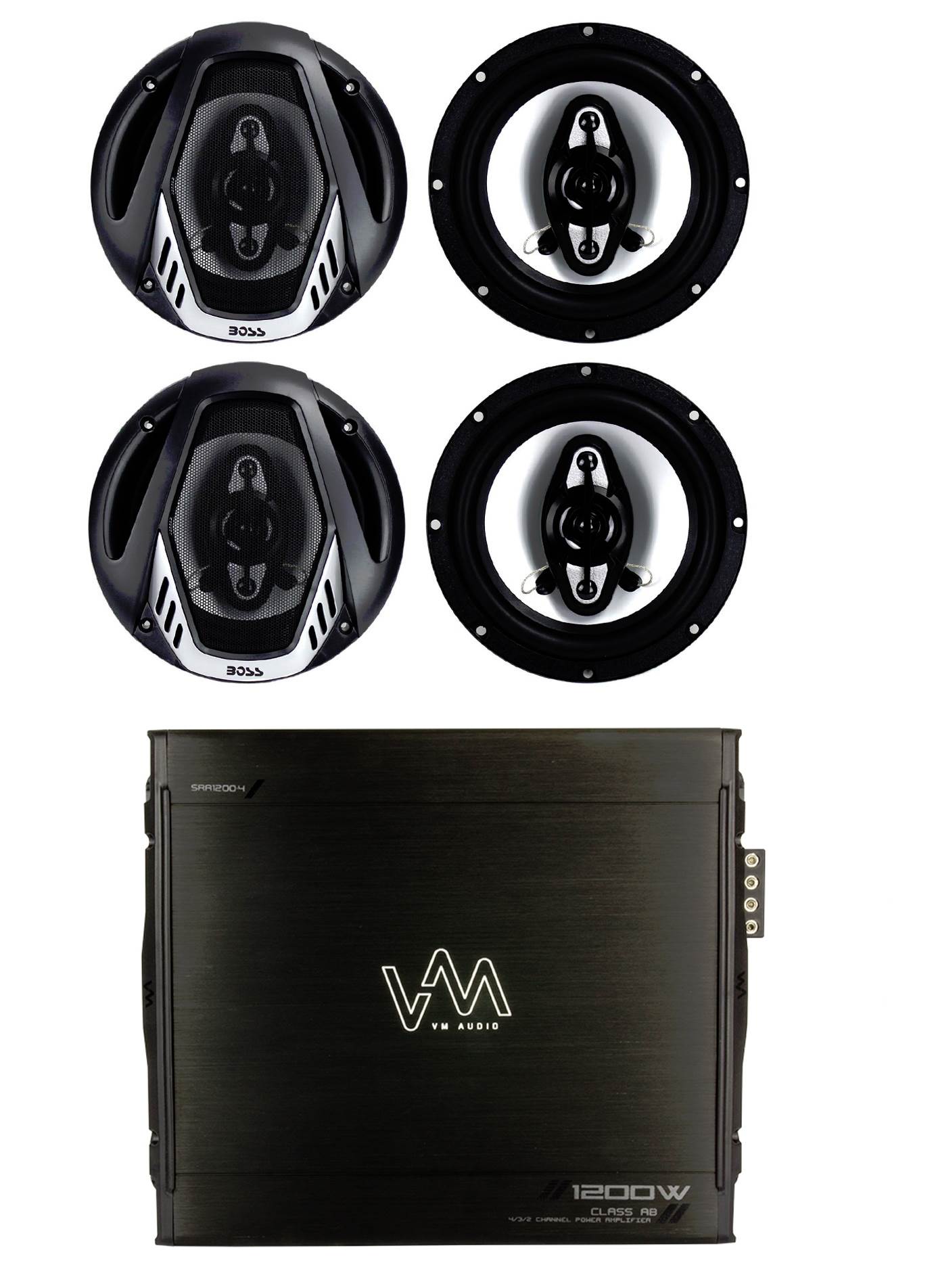 4) NEW BOSS NX654 6.5" 800W 4-Way Car Audio Coaxial Speakers + 4 Channel Amp