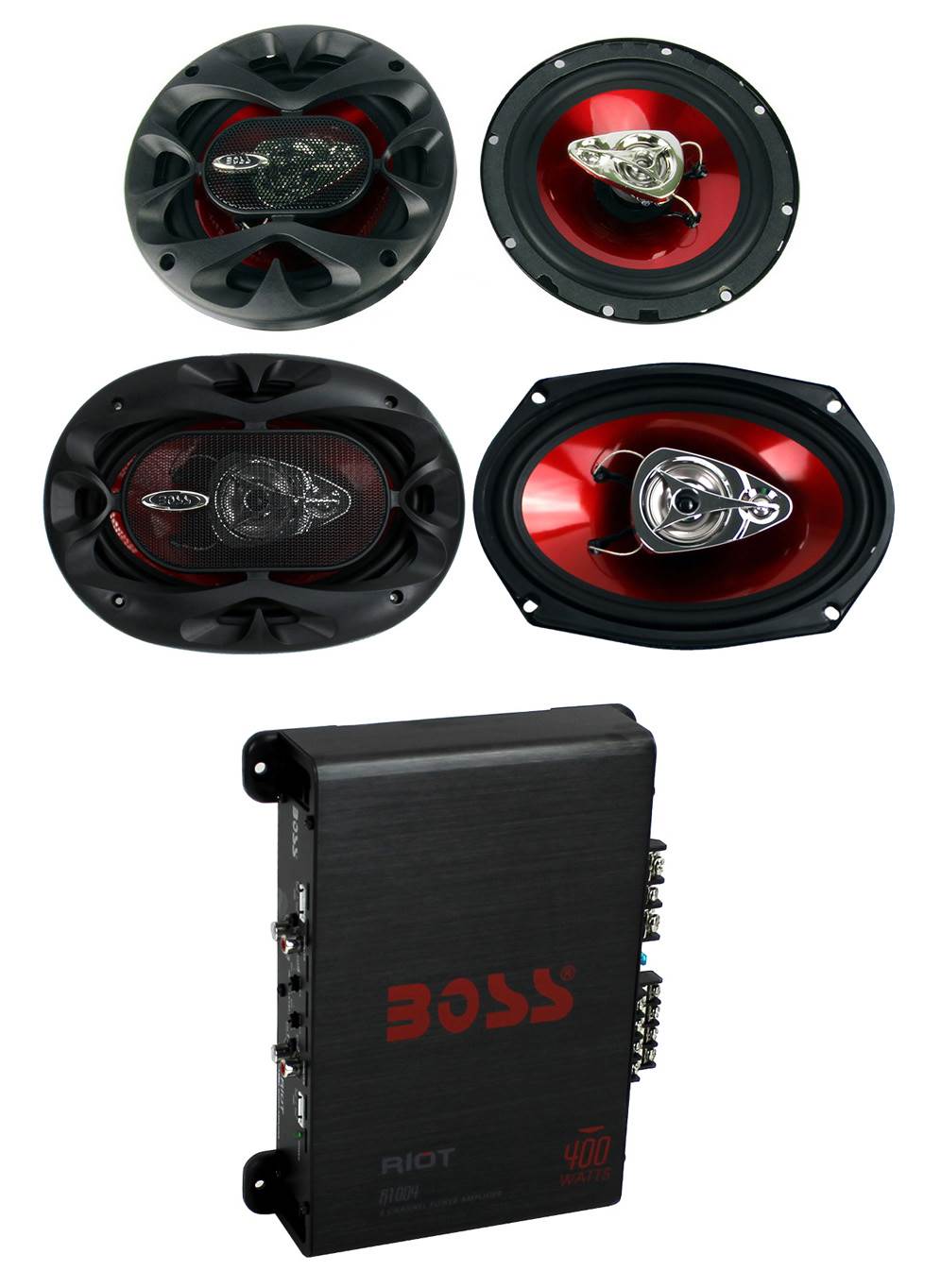 2 Boss CH6530 6.5" 300W & 2 CH6930 6x9" 400W 3-Way Speakers & R1004 400W Amp