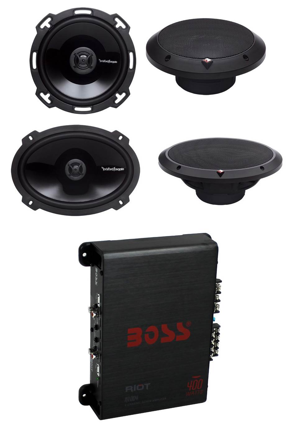 2) Rockford Fosgate P1650 6.5" 110W + 2) 6x9" 150W 2-Way Car Speakers + 400W Amp