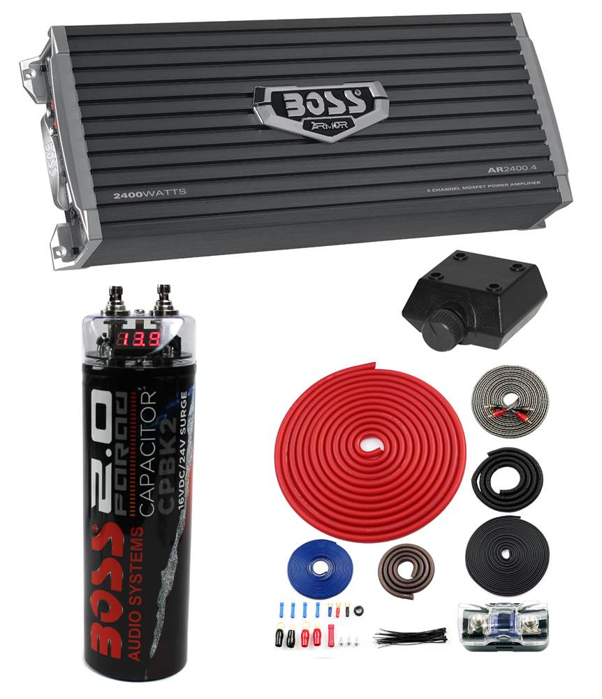 Boss AR2400.4 2400W 4-Ch Car Amp + Remote+ 2.0 Farad Capacitor + 4 Gauge Amp Kit