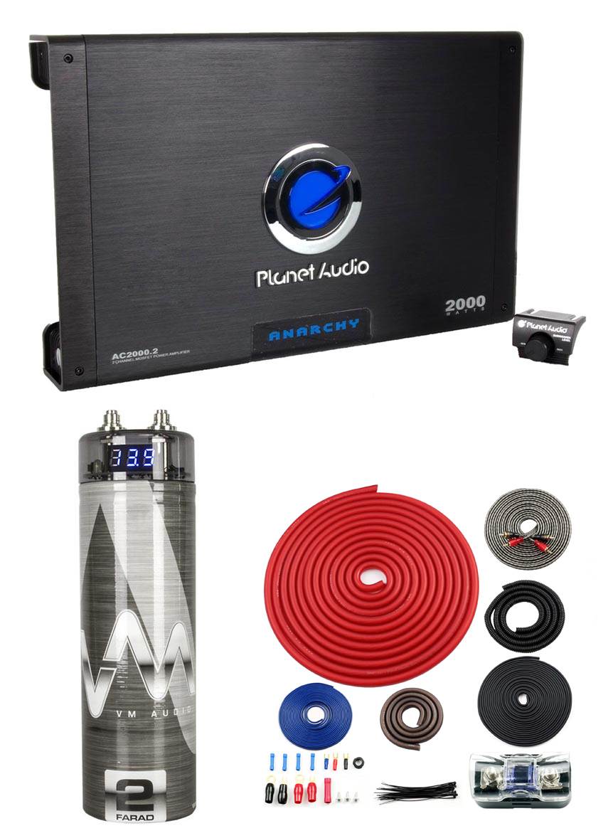 Planet Audio AC2000.2 2000W 2-Ch Car Amp + Remote + 2 Farad Capacitor + Amp Kit
