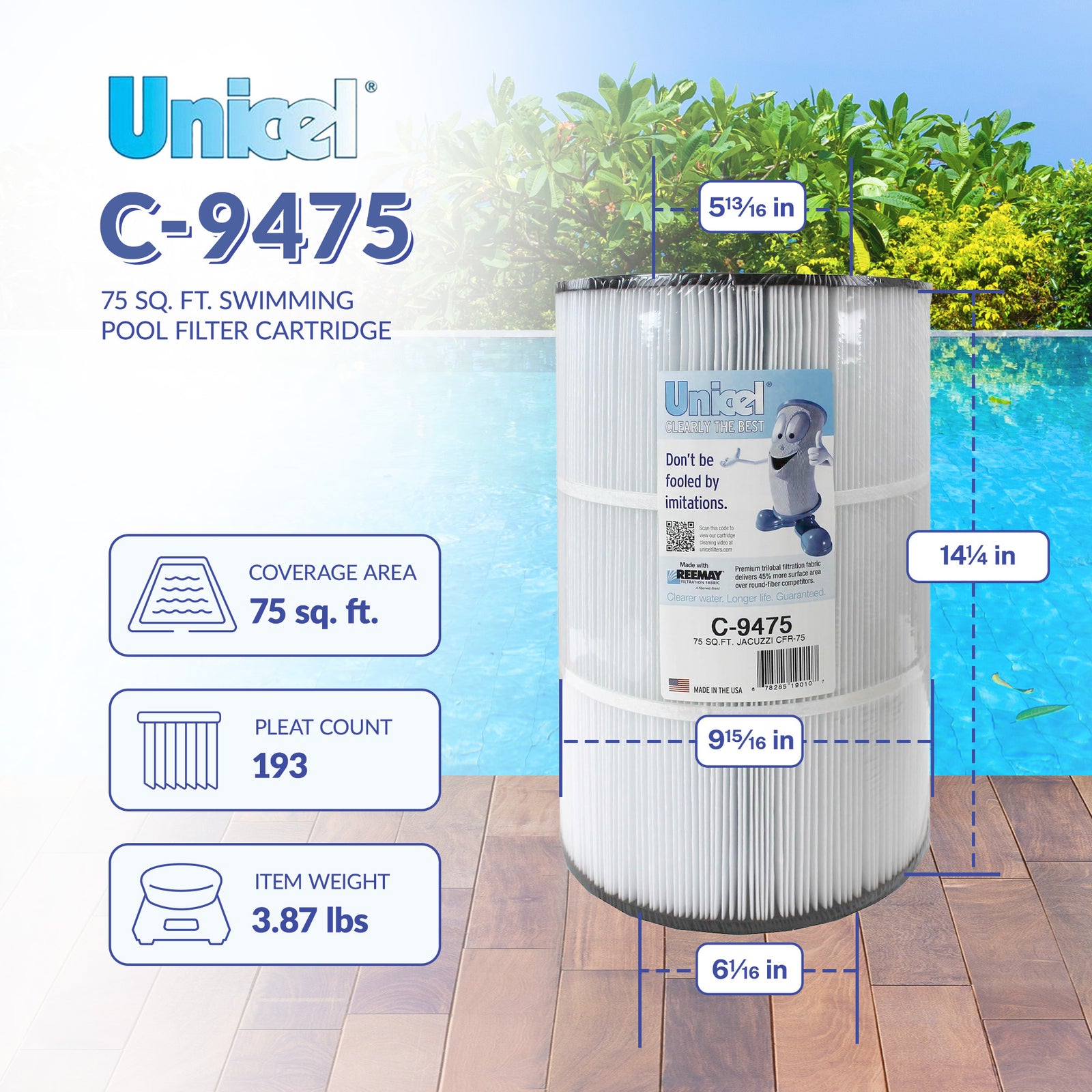 Unicel C-9475 Replacement 75 Sq Ft Swimming Pool Filter Cartridge, 193 Pleats - VMInnovations