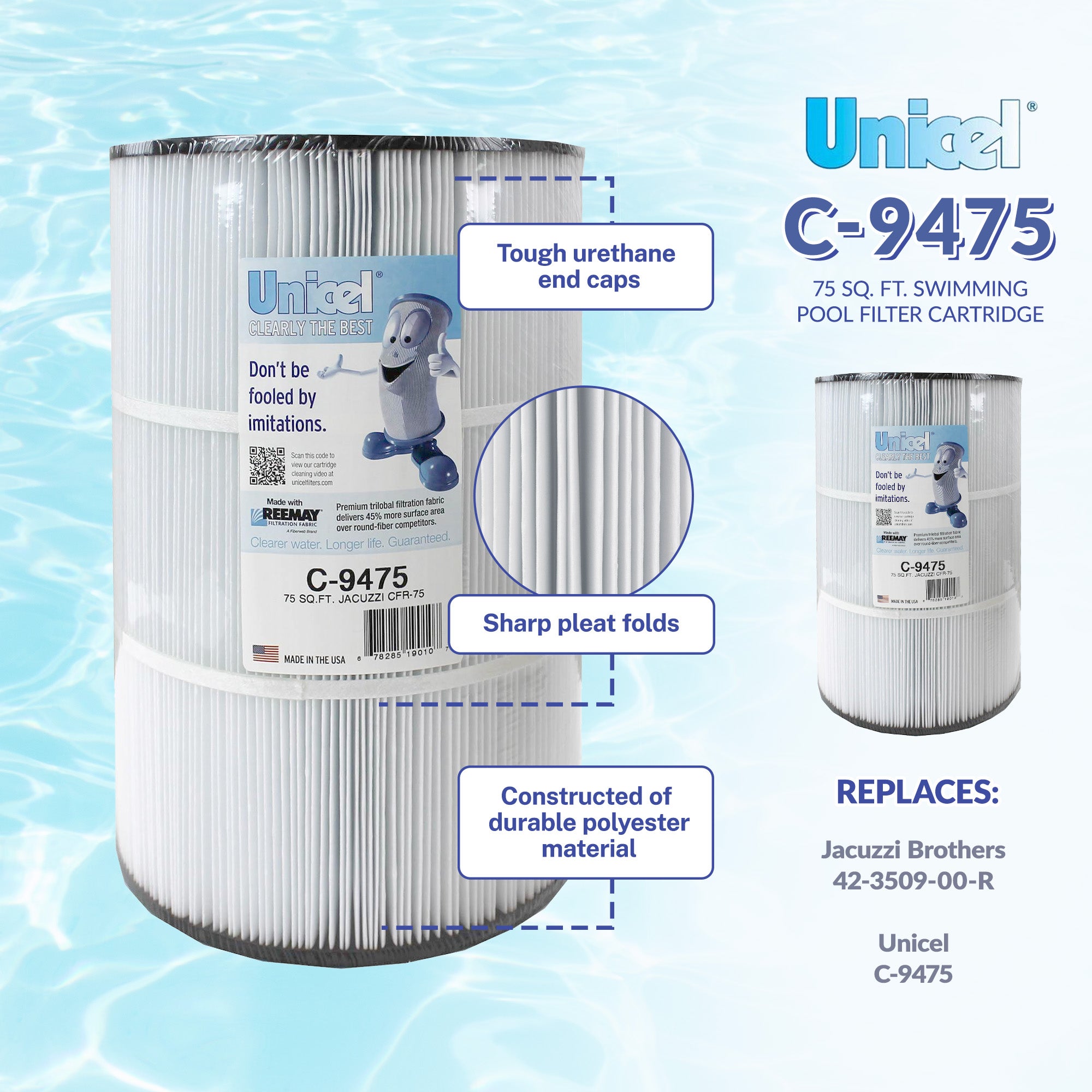 Unicel C-9475 Replacement 75 Sq Ft Swimming Pool Filter Cartridge, 193 Pleats - VMInnovations