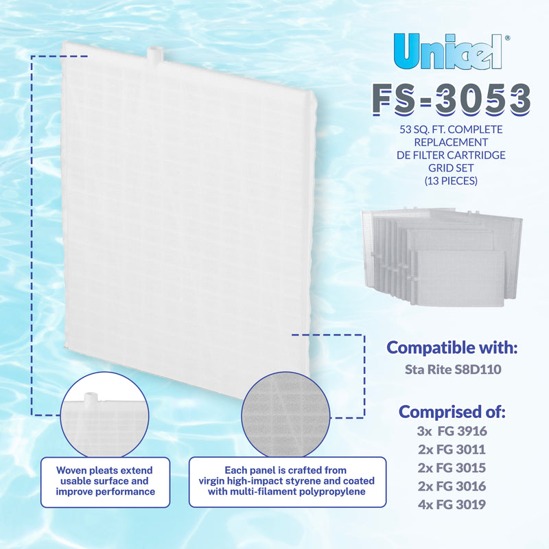 Unicel FS-3053 Replacement Rectangular DE Grid Pool Filter w/ Top Port, Full Set