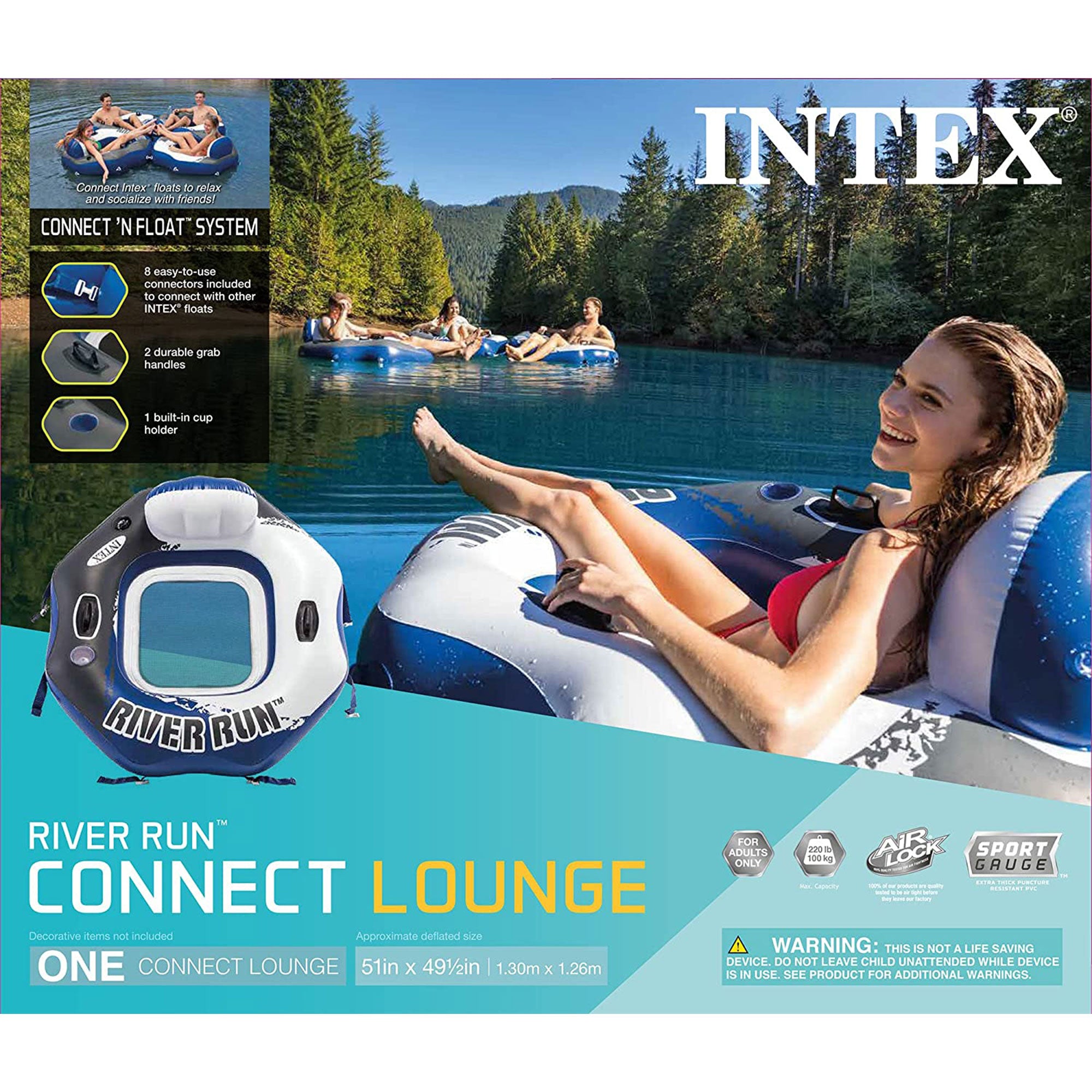 Intex River Run 1-Person Inflatable Connecting Floating Lounge Tube, 3 Pack - VMInnovations