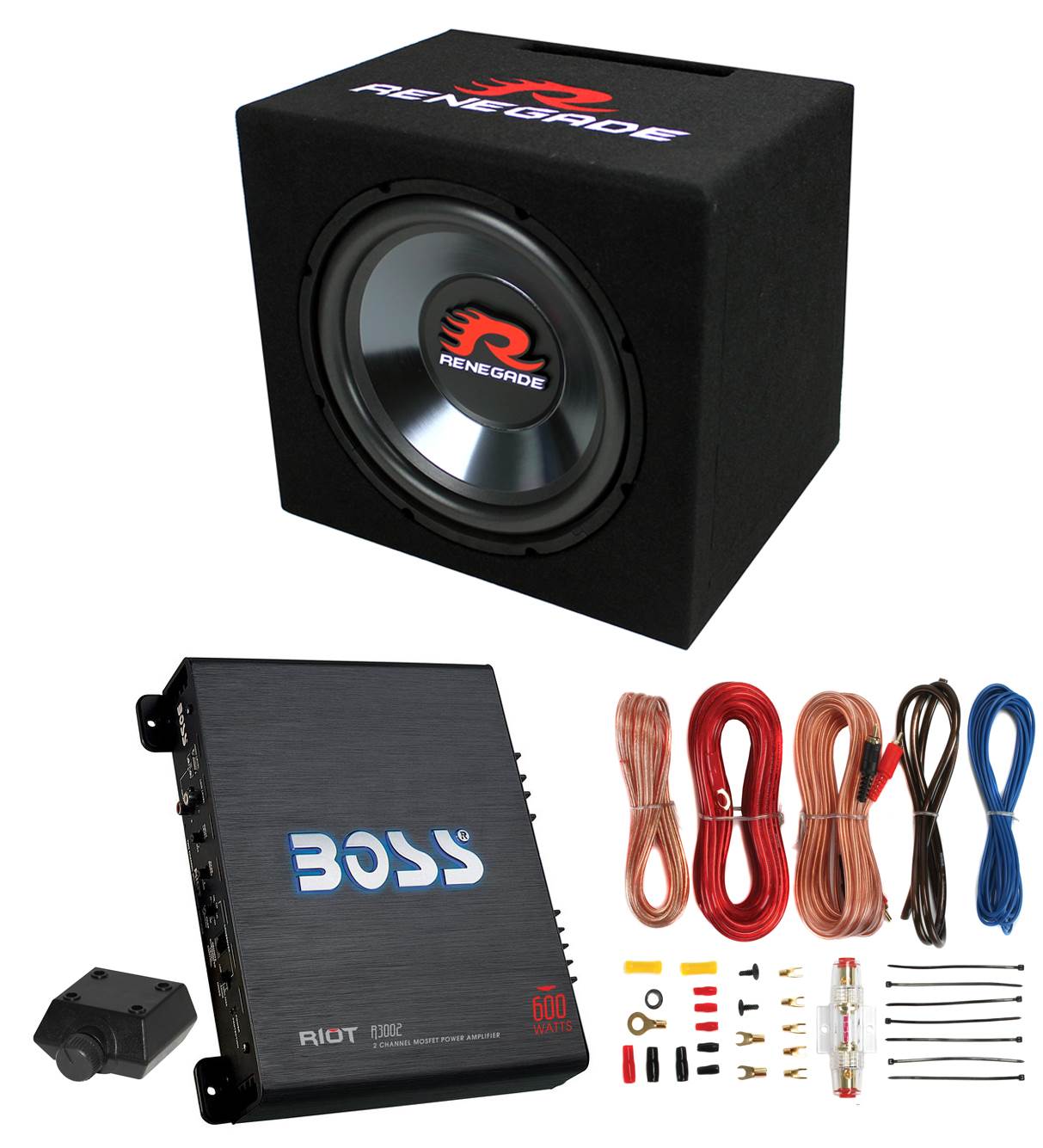 Renegade RXV1200 12" 600W Single Car Subwoofer + Box + 600W 2-Ch Amp + Amp Kit