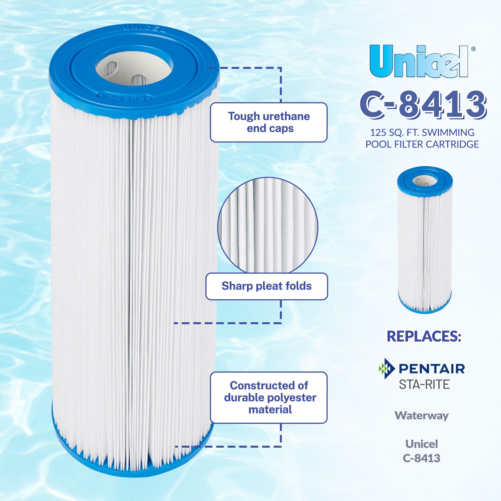 Unicel C-8413 Replacement 125 Sq Ft Swimming Pool Filter Cartridge, 148 Pleats - VMInnovations