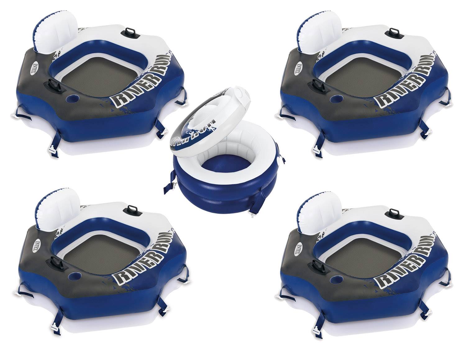 Four Intex River Run Connect Lounge Inflatable Floating Water Tubes and Cooler