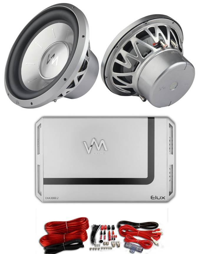 2) VM Audio EXW15 Elux 15" Subs Competition Car Subwoofers + 2 Channel Amp + Kit