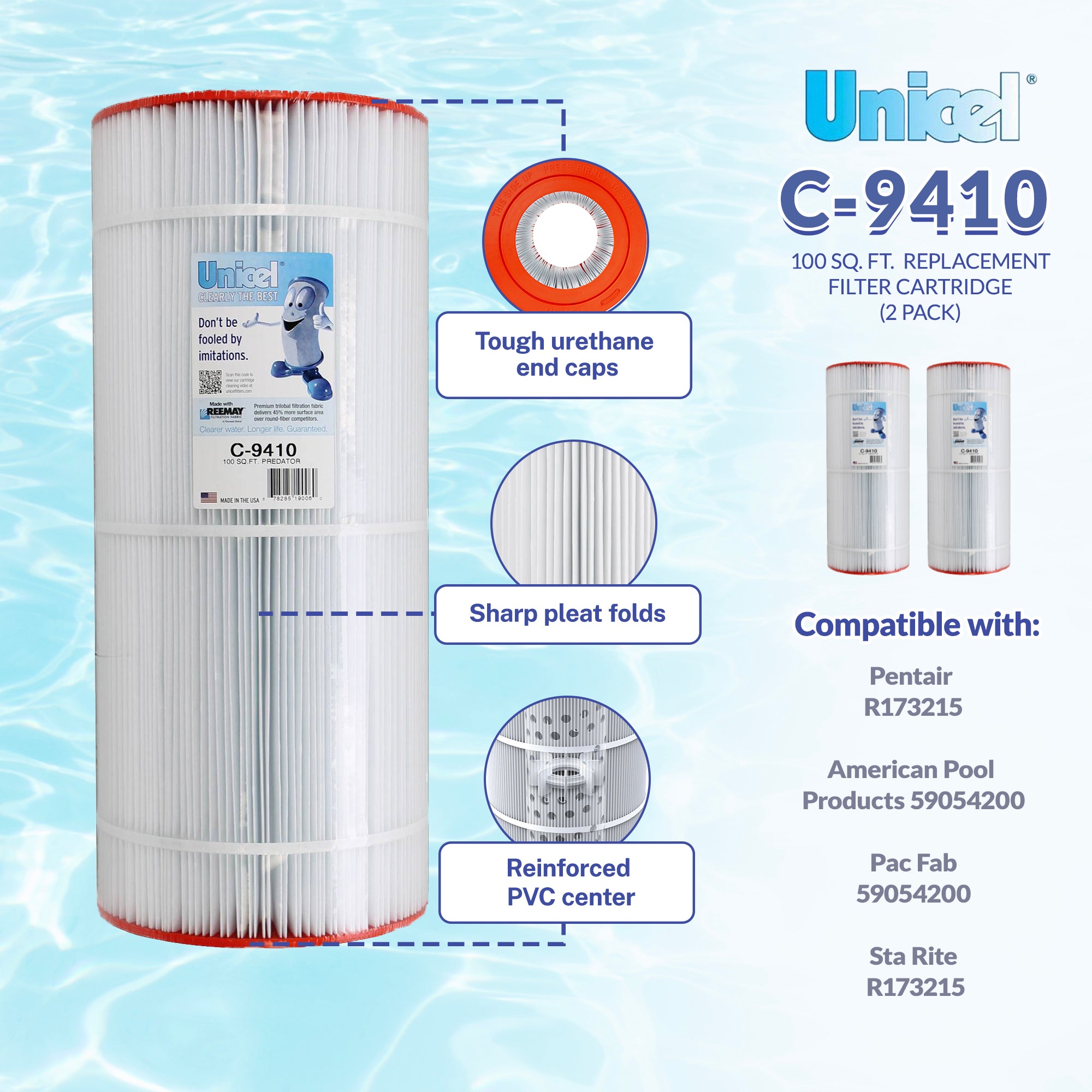 Unicel C-9410 Replacement 100 Sq Ft Pool Filter Cartridge, 155 Pleats, 2 Pack - VMInnovations