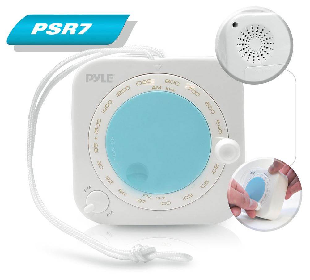 Pyle PSR7 Mini Shower AM/FM Radio Waterproof Speaker Portable Alarm Music White