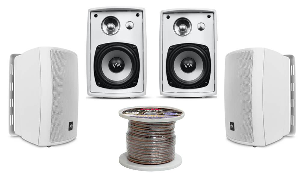 4) VM Audio SR-WOD4 White Waterproof Indoor/Outdoor Patio Speakers Set + Wiring