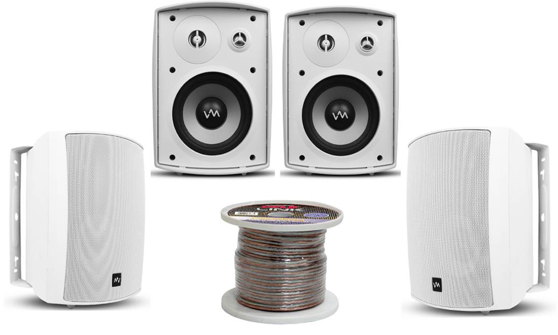 4) VM Audio SR-WOD5 White Pair Waterproof Indoor/Outdoor Patio Speakers + Wiring