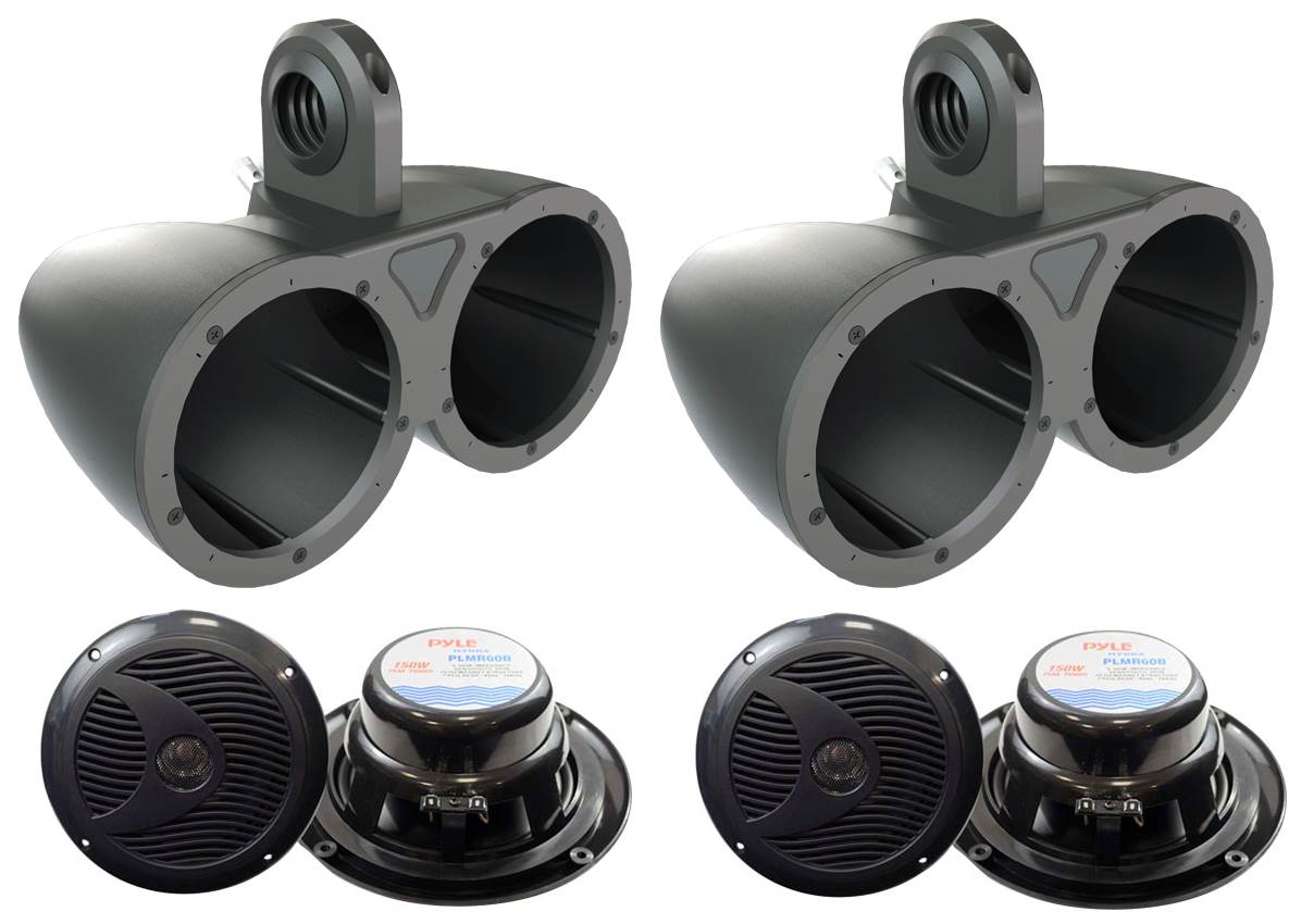 4) Pyle PLMR60B 6.5" 300W Marine Speakers Black + 2) 6.5" Dual Tower Enclosures