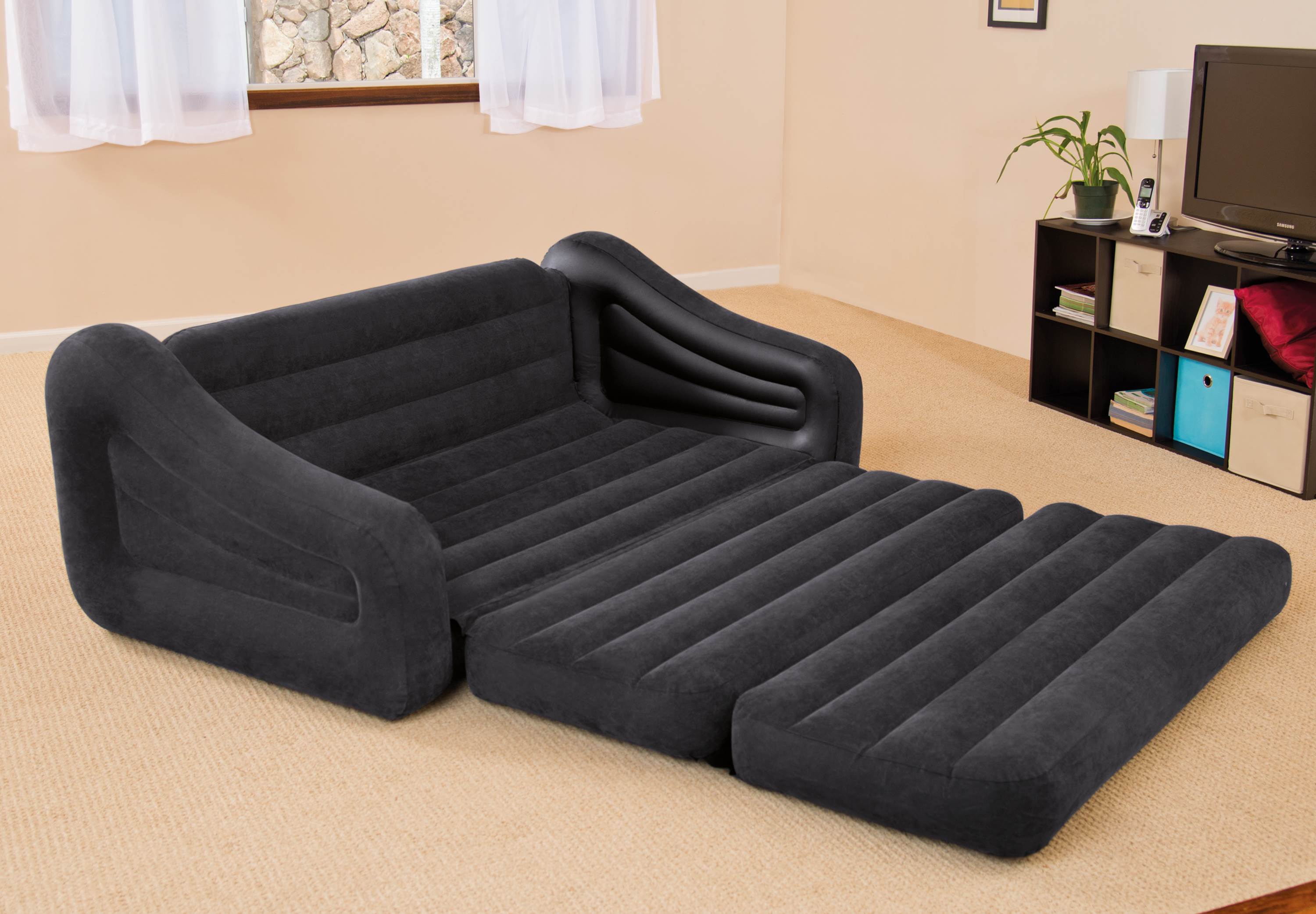 Intex Inflatable Pull-Out Sofa & Queen Bed Mattress Sleeper w/ AC Power Air Pump