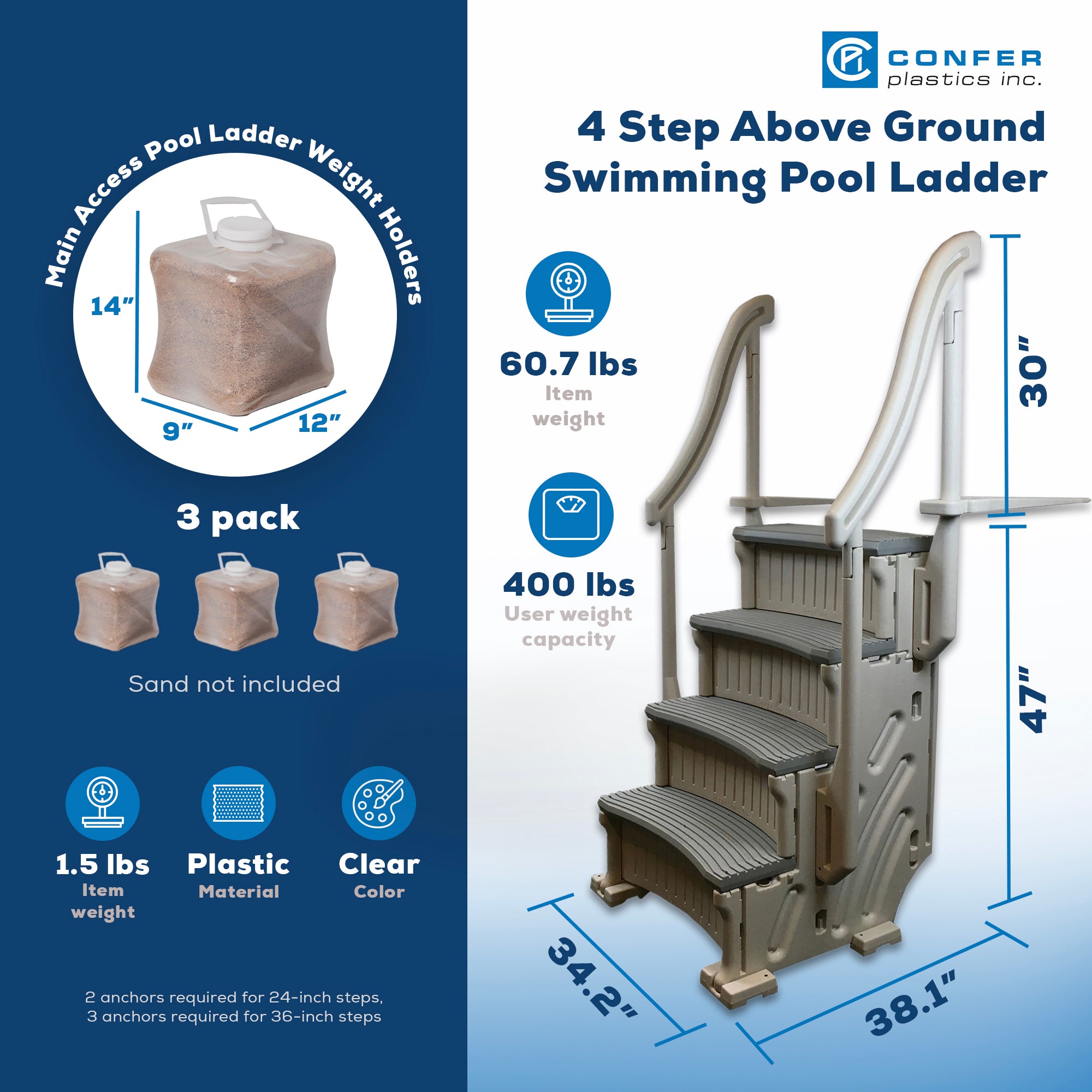 Confer Above Ground Pool Steps w/Main Access Pool Ladder Weight Holders (3 Pack)