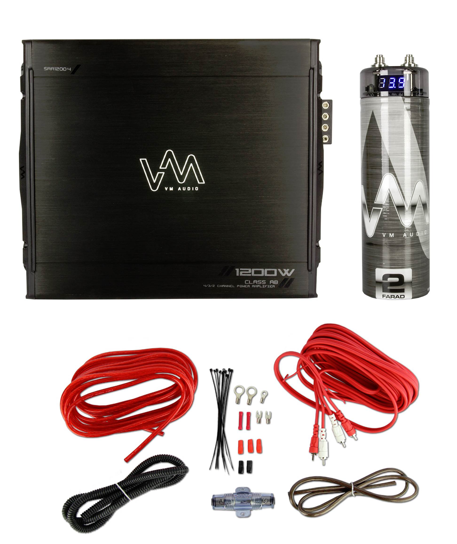 VM Audio SRA1200.4 1200W 4 Channel Car Amplifier Power Amp + Capacitor + Wiring