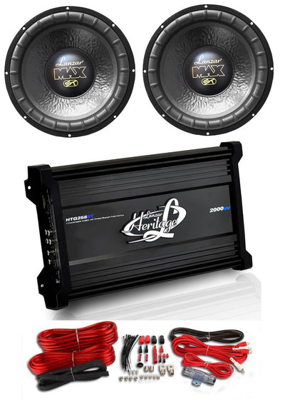 2) Lanzar MAX12D 12" 2000W Car Audio Subwoofers + 2000W 2-Ch Amplifier + Amp Kit