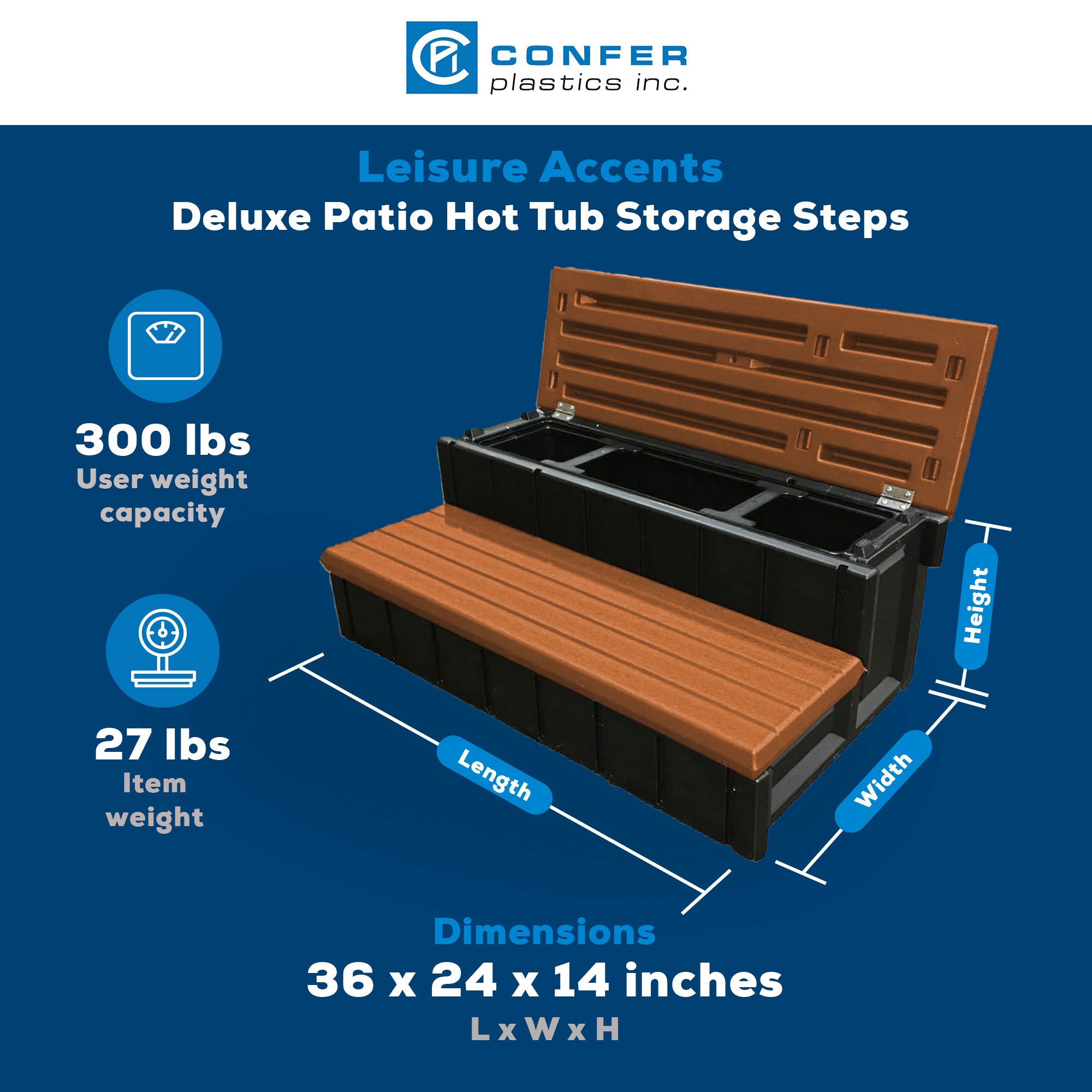 Confer Plastics Leisure Accents 36" Spa Hot Tub Storage Steps, Redwood(Open Box) - VMInnovations