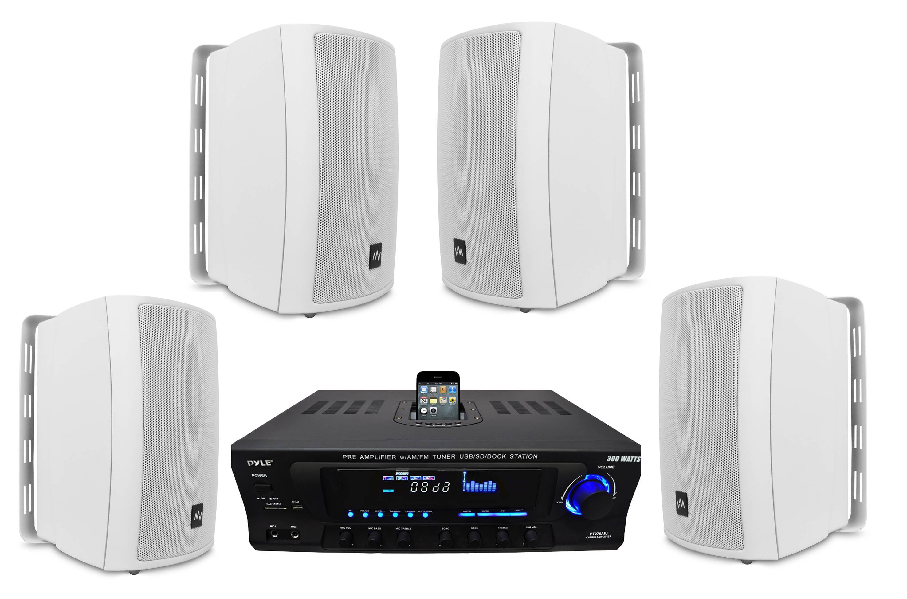 4) VM Audio SR-WOD6 Outdoor Speakers + Pyle Pro PT270AIU 300W Home Amplifier
