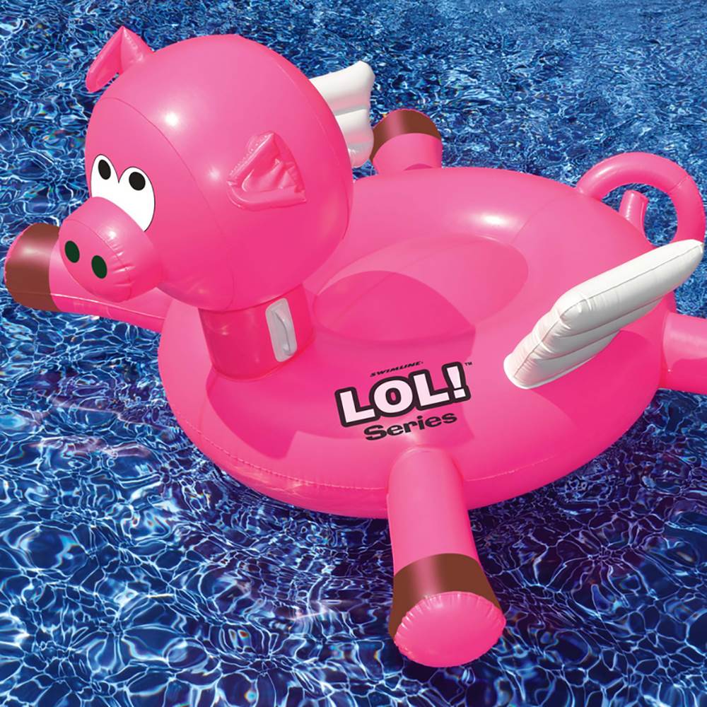 Swimline LOL! Series Giant Inflatable Ride-On Flying Pig Pool Float + Air Pump