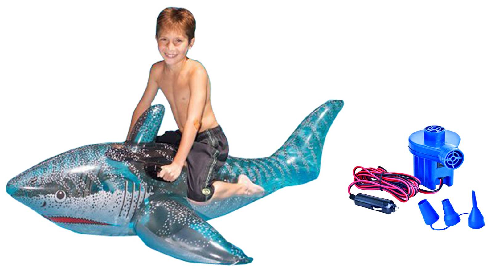NEW Swimline 9045 72" Pool Ride On Shark Float Inflatable Toy w/ 12V Air Pump