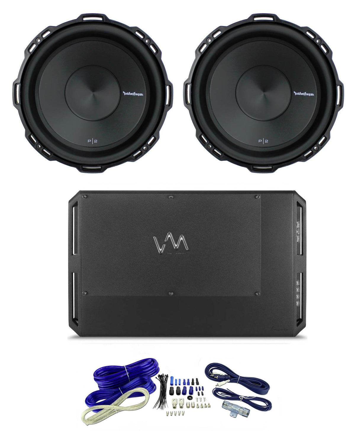 2) Rockford Fosgate P2D2-12 12" 1600W 2-Ohm Punch Subs + Class D Amp + Wiring