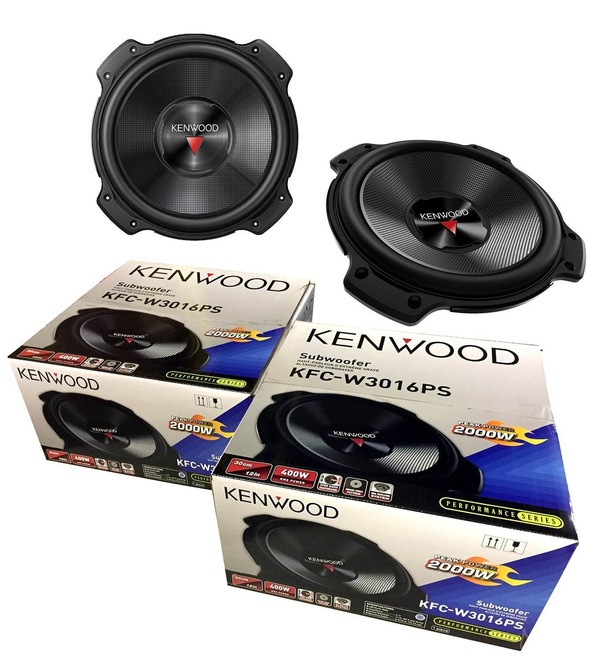 2) NEW Kenwood KFC-W3016PS 12" 4000W Car Subwoofers 4 Ohm + Mono Class D Amp