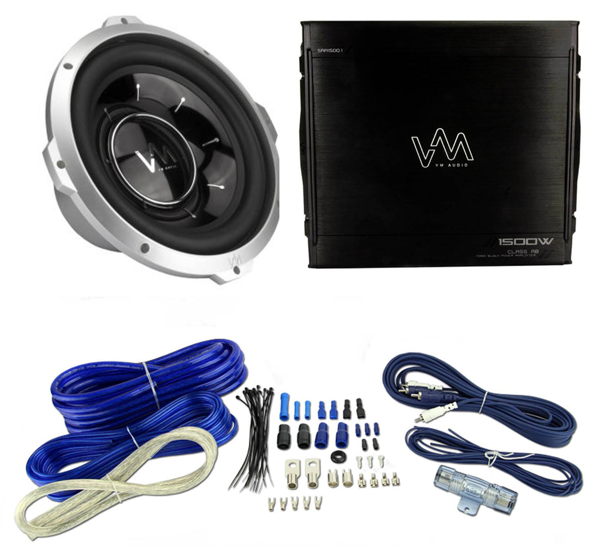 VM Audio SRW12 12 Inch Subwoofer + Mono AB Amplifier SRA1500.1 Amp + Wiring Kit