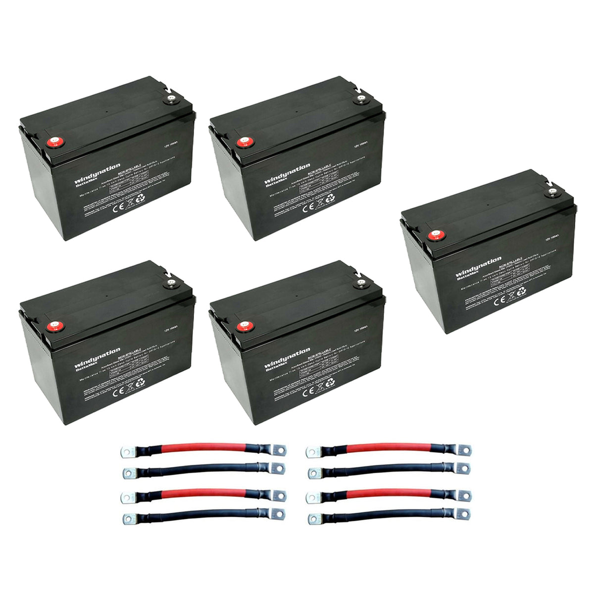 Windy Nation 12V 100 Ah Deep Cycle Solar Off Grid Battery with Cables (5 Pack)