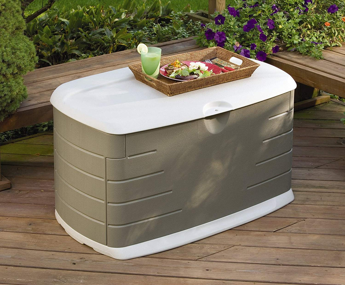 Rubbermaid 75 Gallon Medium Resin Outdoor Patio Storage Box with Seat, Sandstone