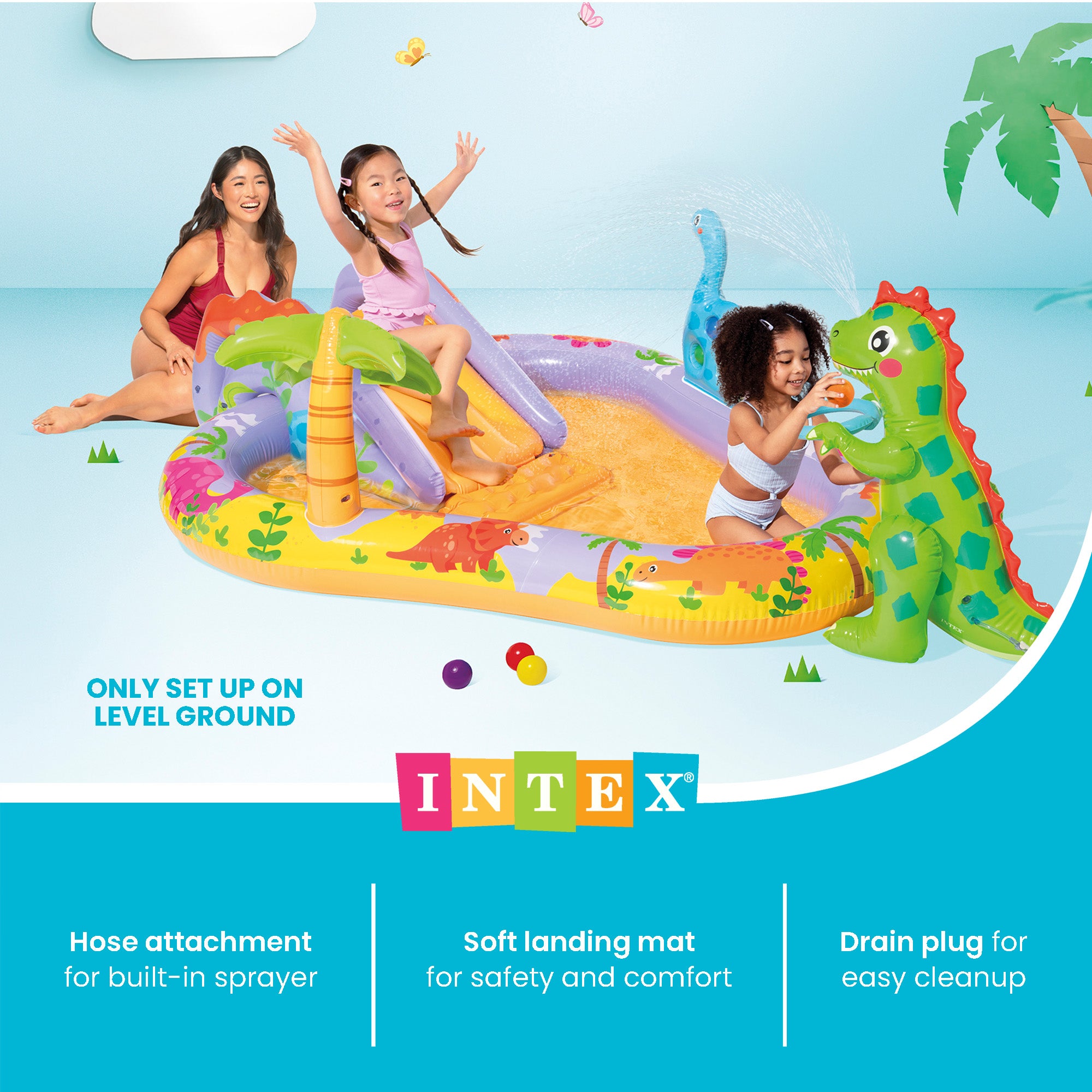 INTEX Dino Park Inflatable Kiddie Pool with Slide & Splash Pad (Open Box) - VMInnovations