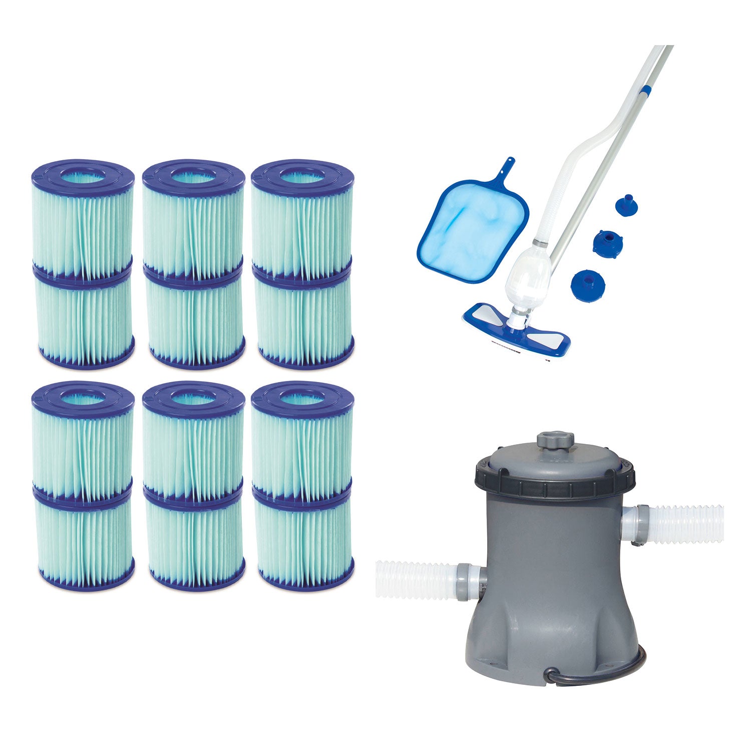 Bestway Type VII/D Cartridges (6 Pack) + Pool Cleaning Kit + Pool Filter Pump - VMInnovations