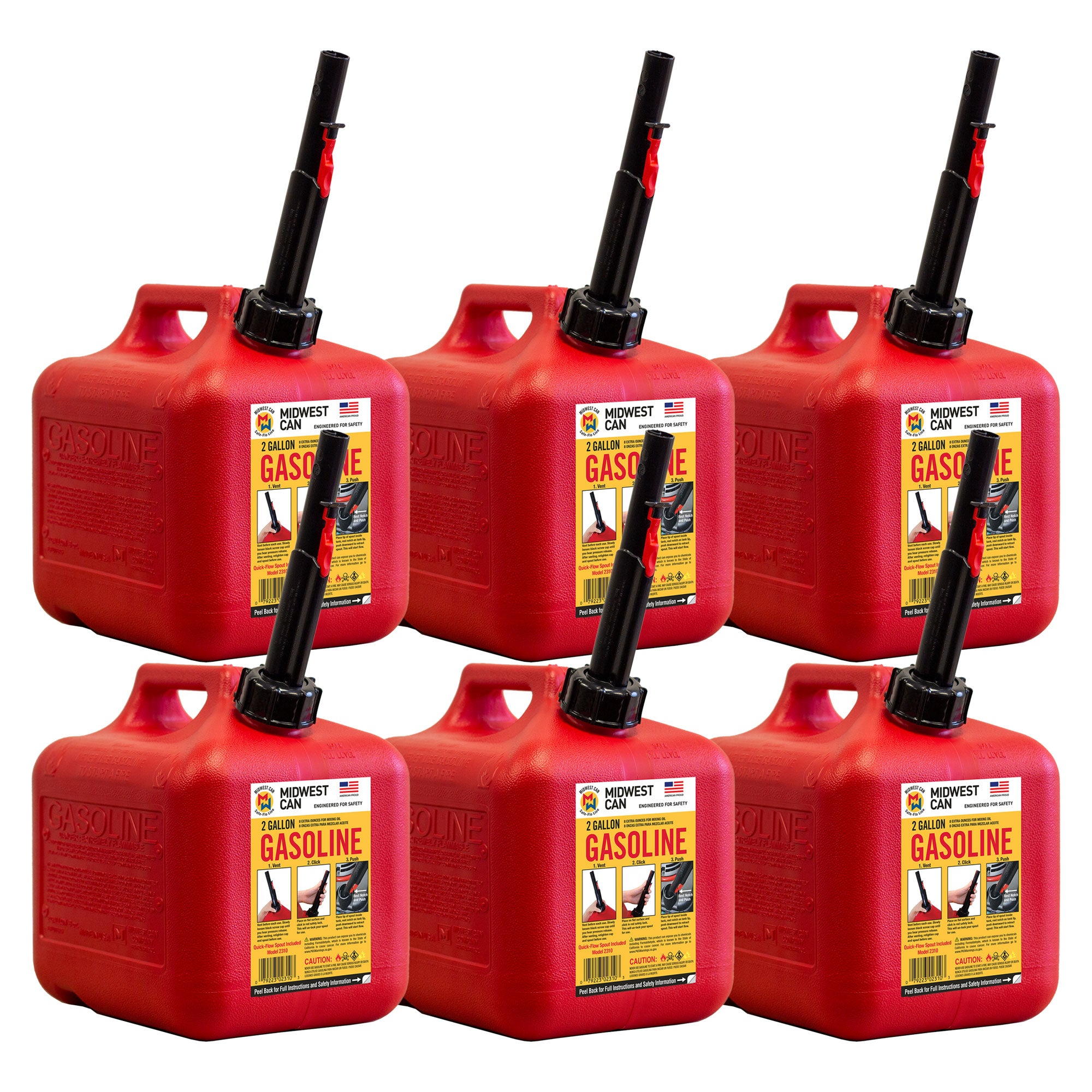 Midwest Can Company 2310 2 Gallon Gas Can Fuel Container Jugs w/ Spout (6 Pack) - VMInnovations