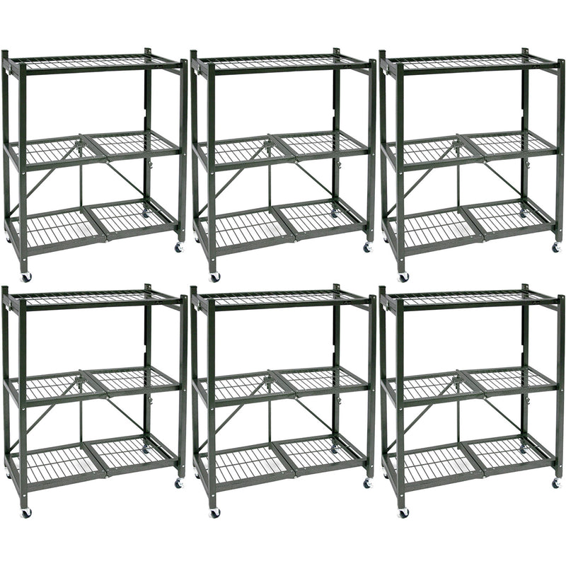 Origami R3 Foldable 3-Tiered Shelf Storage Rack & Wheels, Pewter (6 Pack)